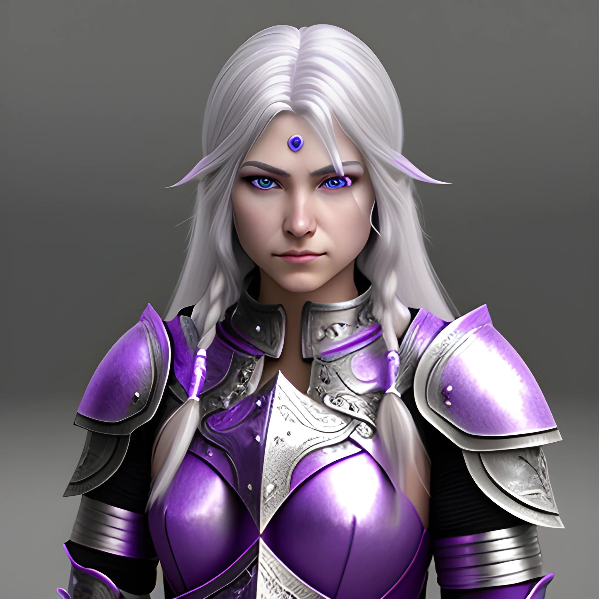 fantasy, paladin, warrior, female, long silver hair, purple eyes, armor, hyper realistic, 3D