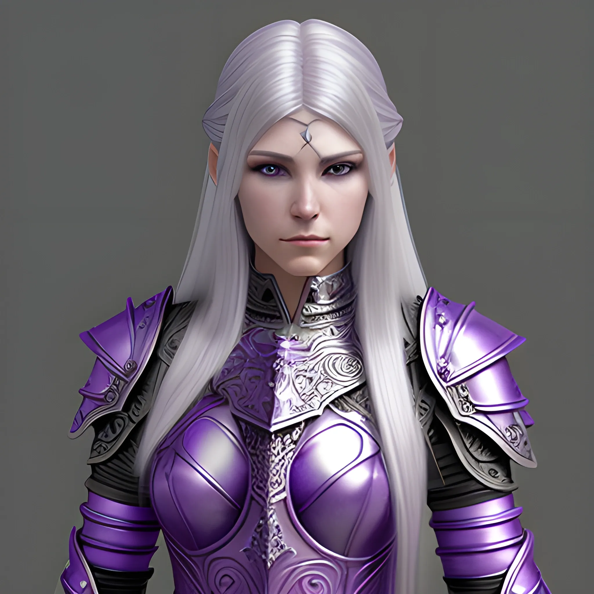 fantasy, paladin, warrior, female, long silver hair, purple eyes, violet eyes, intricate light armor, hyper realistic, 3D, dungeons and dragons, elegant, mysterious, strong, armed, silver hair, large amulet