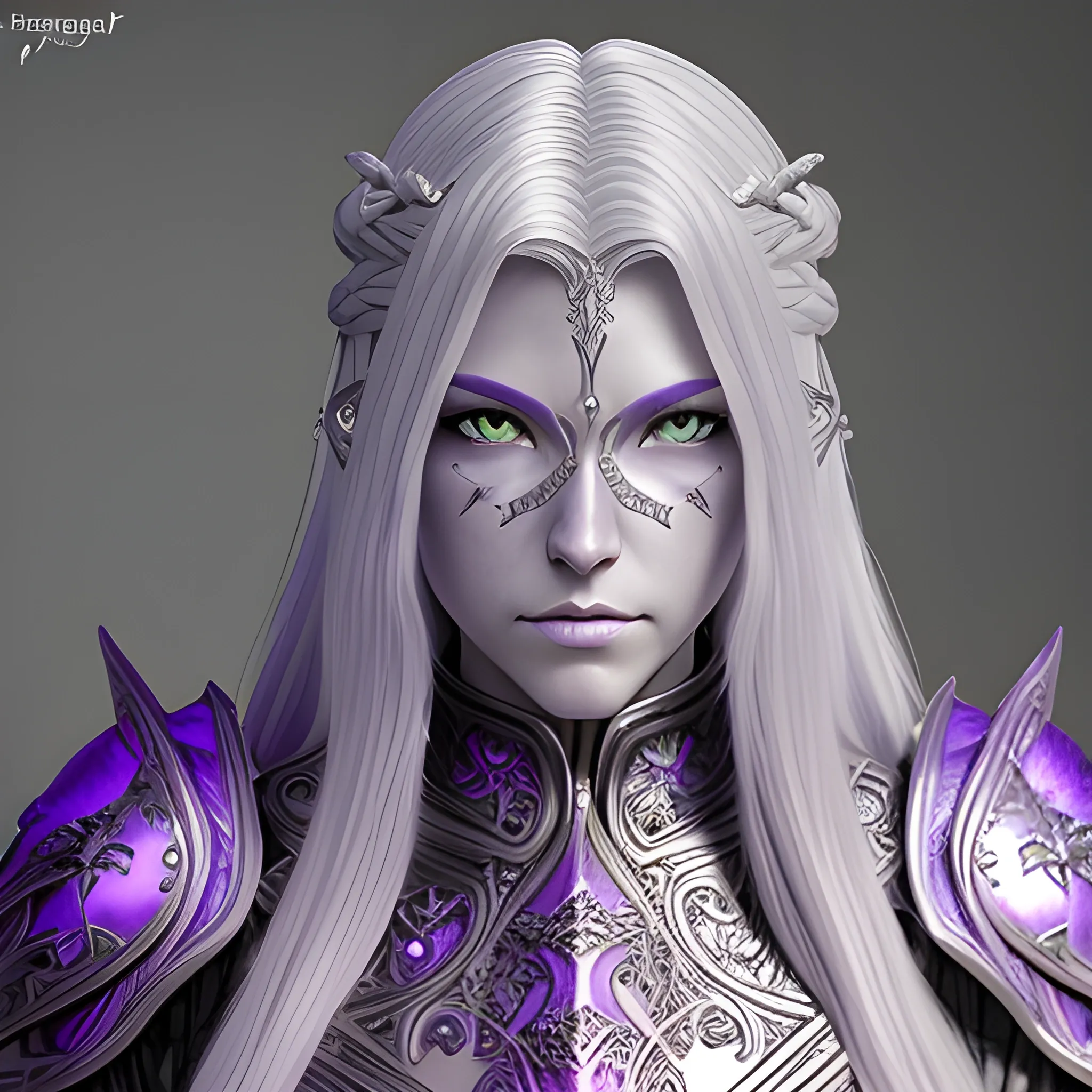 fantasy, paladin, warrior, female, long silver hair, purple eyes, violet eyes, intricate light armor, hyper realistic, 3D, dungeons and dragons, elegant, mysterious, strong, armed, silver hair, intricate silver hair