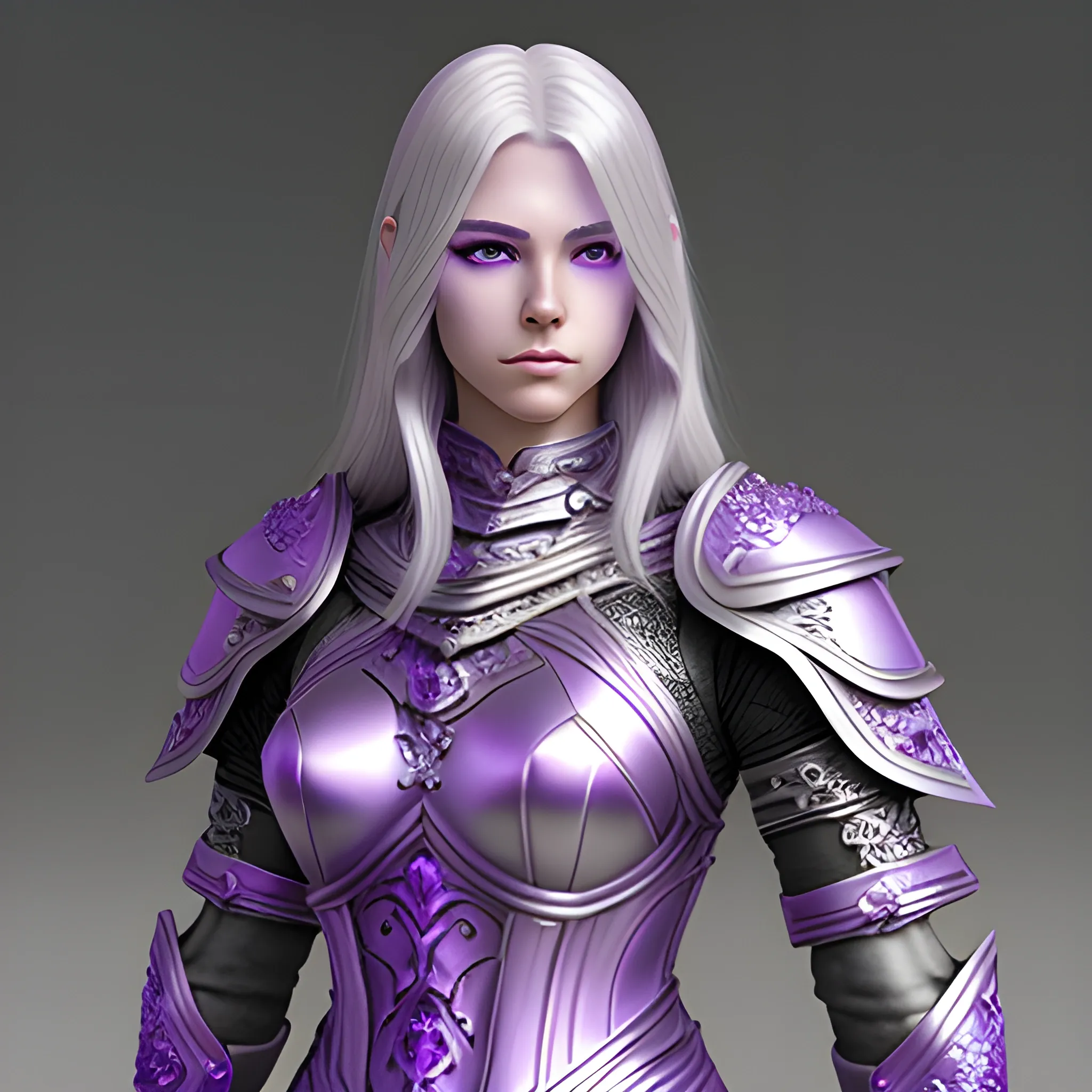 fantasy, paladin, warrior, female, long silver hair, purple eyes, violet eyes, intricate light armor, hyper realistic, 3D, dungeons and dragons, elegant, mysterious, strong, armed, silver hair, fancy silver hair