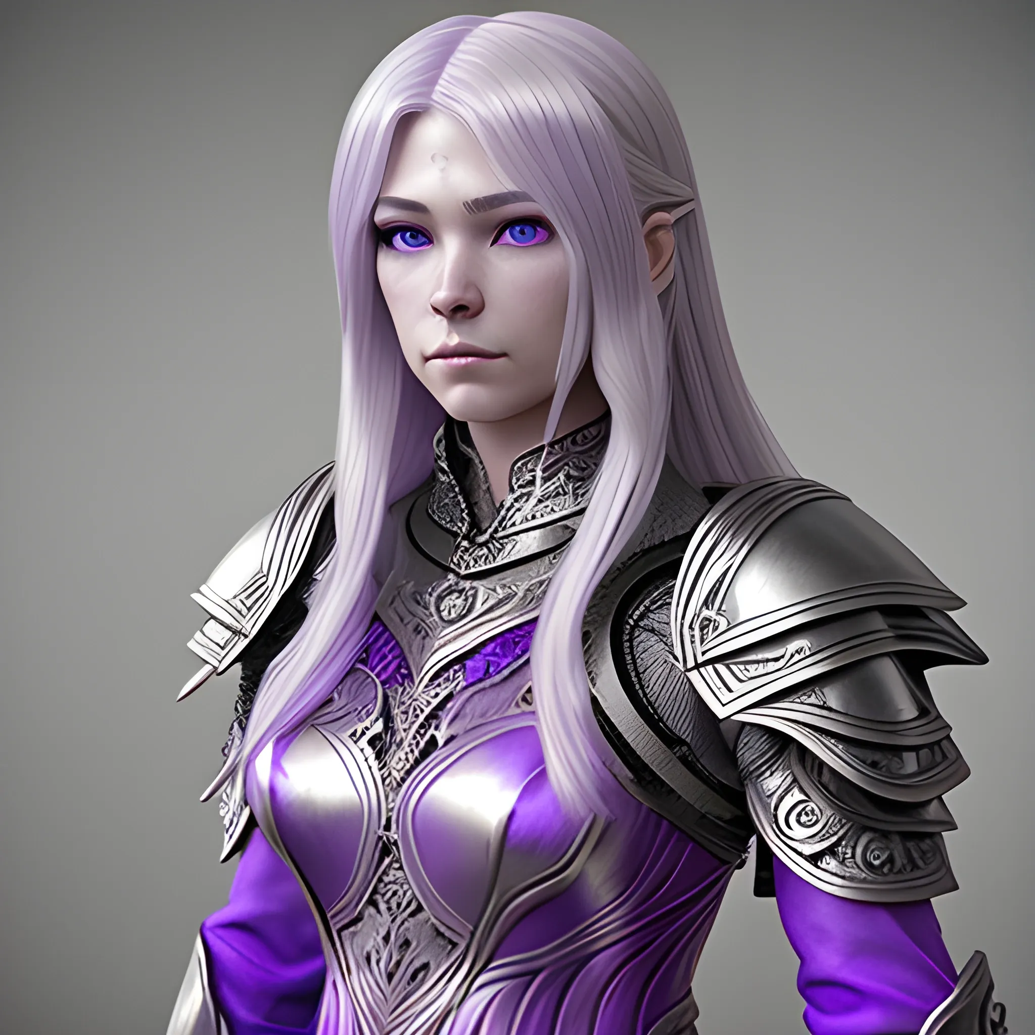 fantasy, paladin, warrior, female, long silver hair, purple eyes, violet eyes, intricate light armor, hyper realistic, 3D, dungeons and dragons, elegant, mysterious, strong, armed, silver hair, fancy silver hair