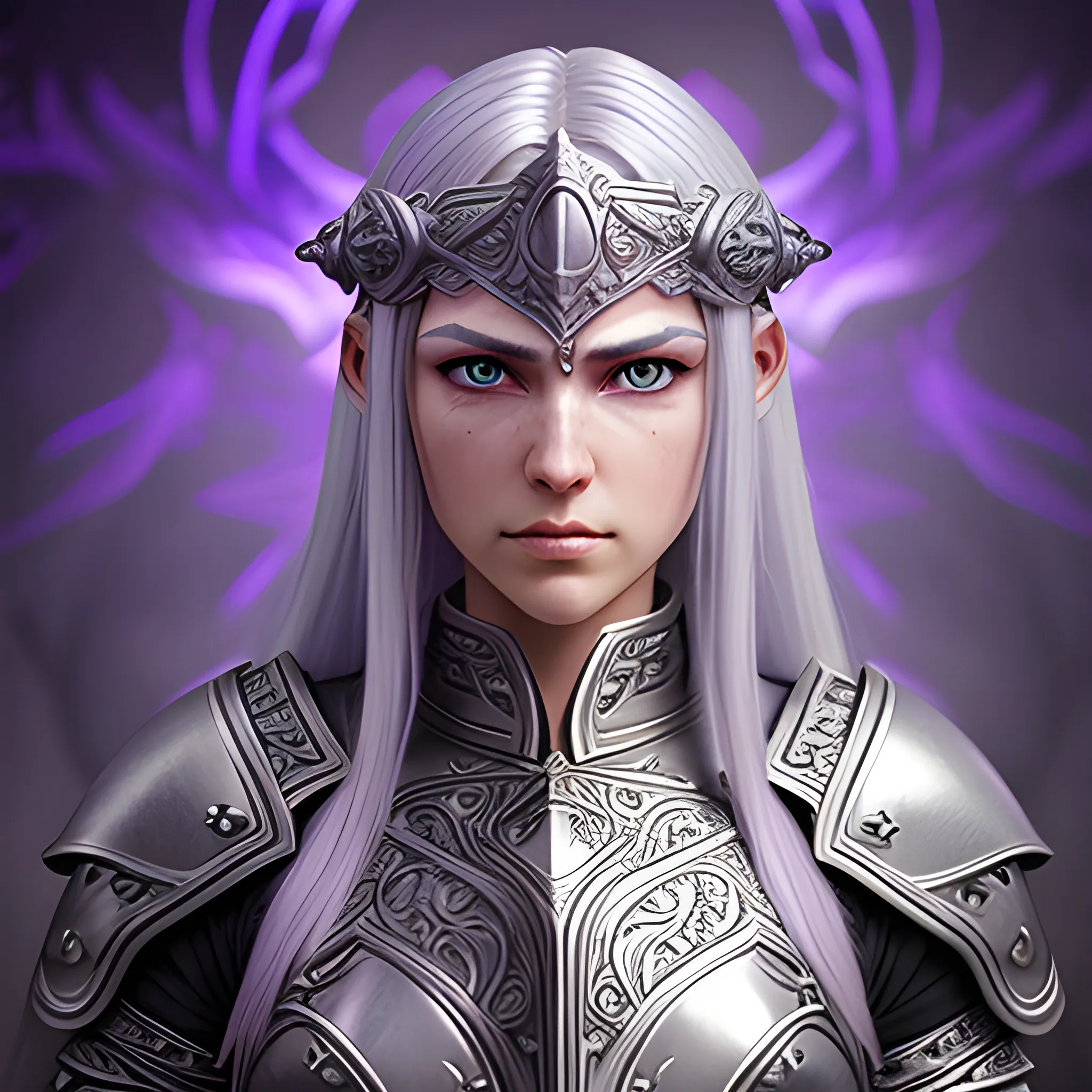 fantasy, paladin, warrior, female, long silver hair, purple eyes, violet eyes, intricate light armor, hyper realistic, 3D, dungeons and dragons, elegant, mysterious, strong, armed, silver hair, circlet