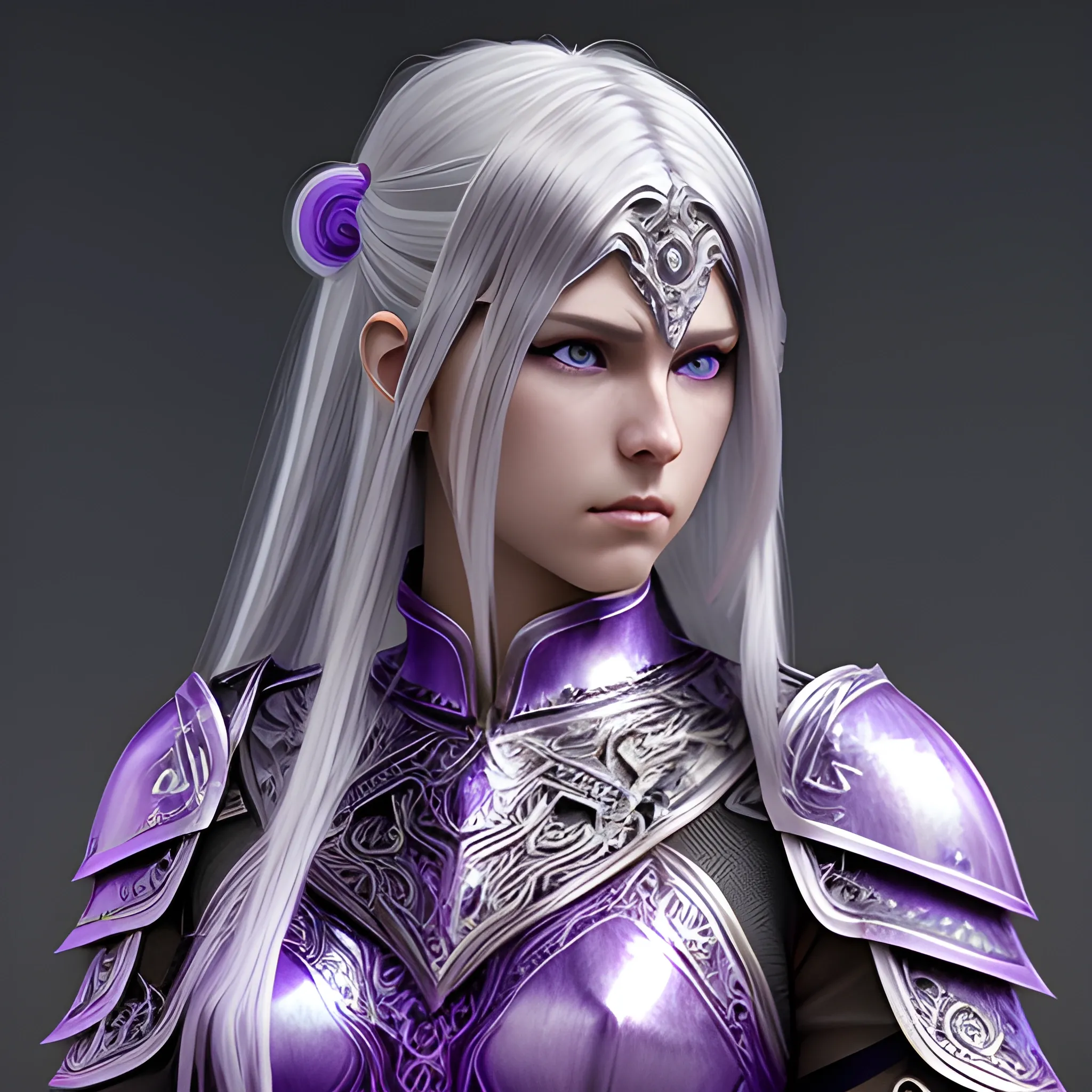 fantasy, paladin, warrior, female, long silver hair, purple eyes, violet eyes, intricate light armor, hyper realistic, 3D, elegant, mysterious, strong, silver hair, sword