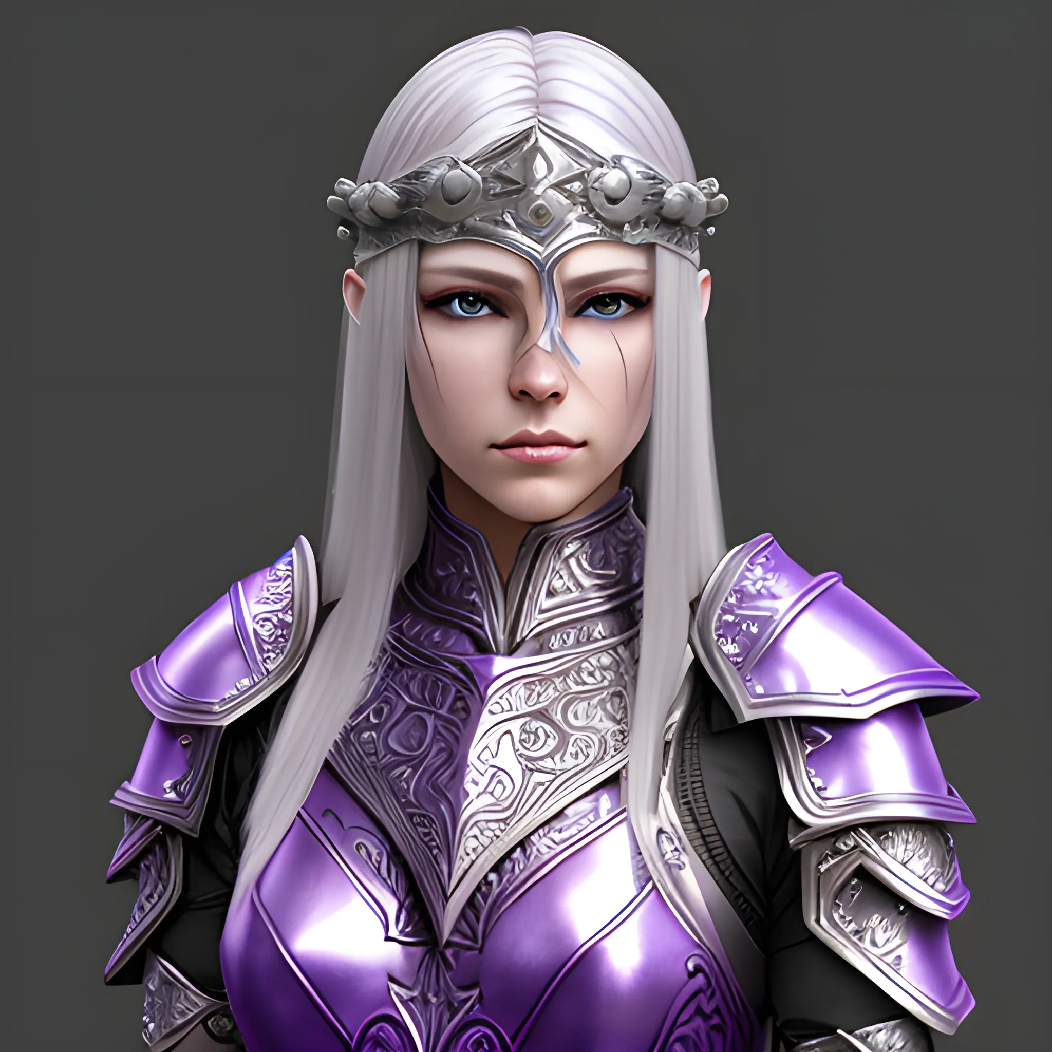 fantasy, paladin, warrior, female, long silver hair, purple eyes, violet eyes, intricate light armor, hyper realistic, 3D, elegant, mysterious, strong, silver hair, sword