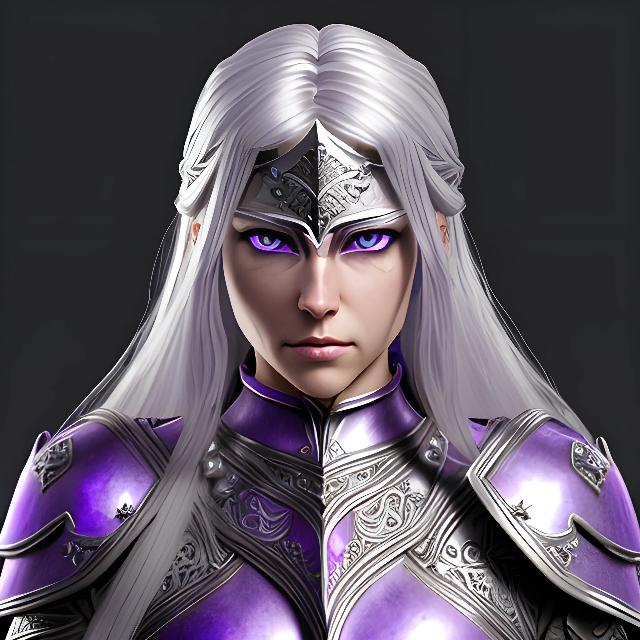 fantasy, paladin, warrior, female, long silver hair, purple eyes, violet eyes, intricate light armor, hyper realistic, 3D, elegant, mysterious, strong, silver hair, sword