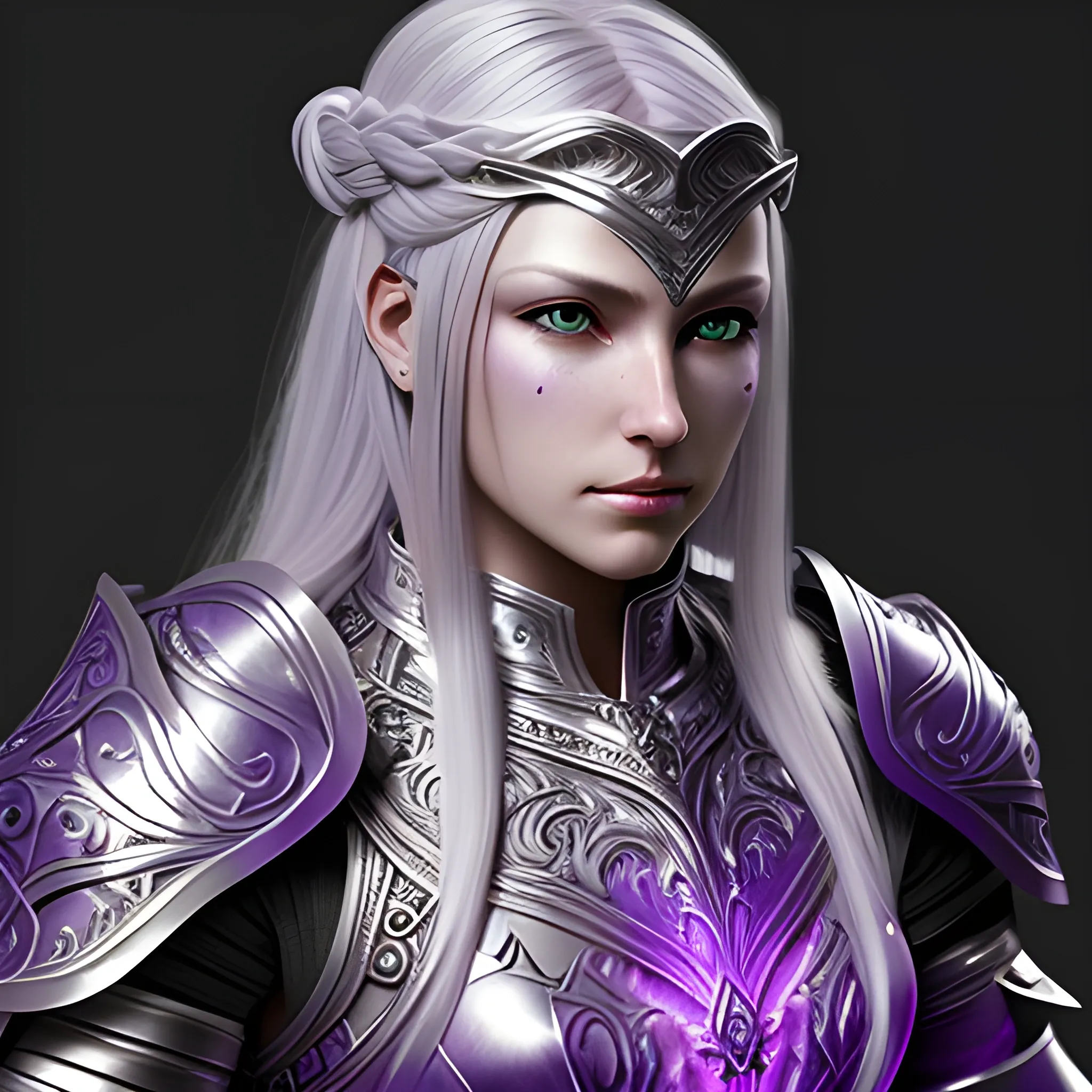 fantasy, paladin, warrior, female, long silver hair, purple eyes, violet eyes, intricate light armor, hyper realistic, 3D, elegant, mysterious, strong, silver hair, sword