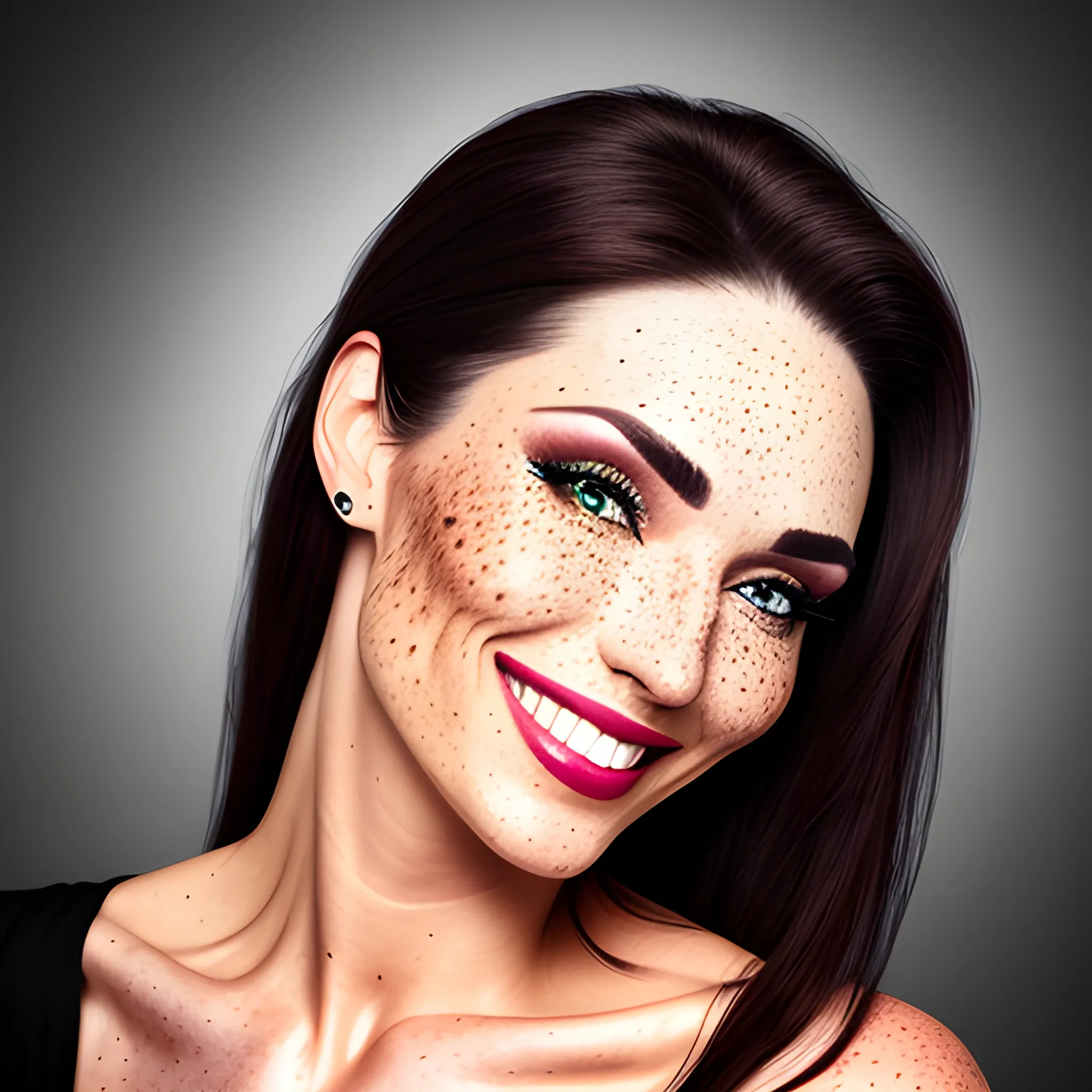 Beautiful Lady Small Freckles Big Smile Dark Makeup Hyperdet