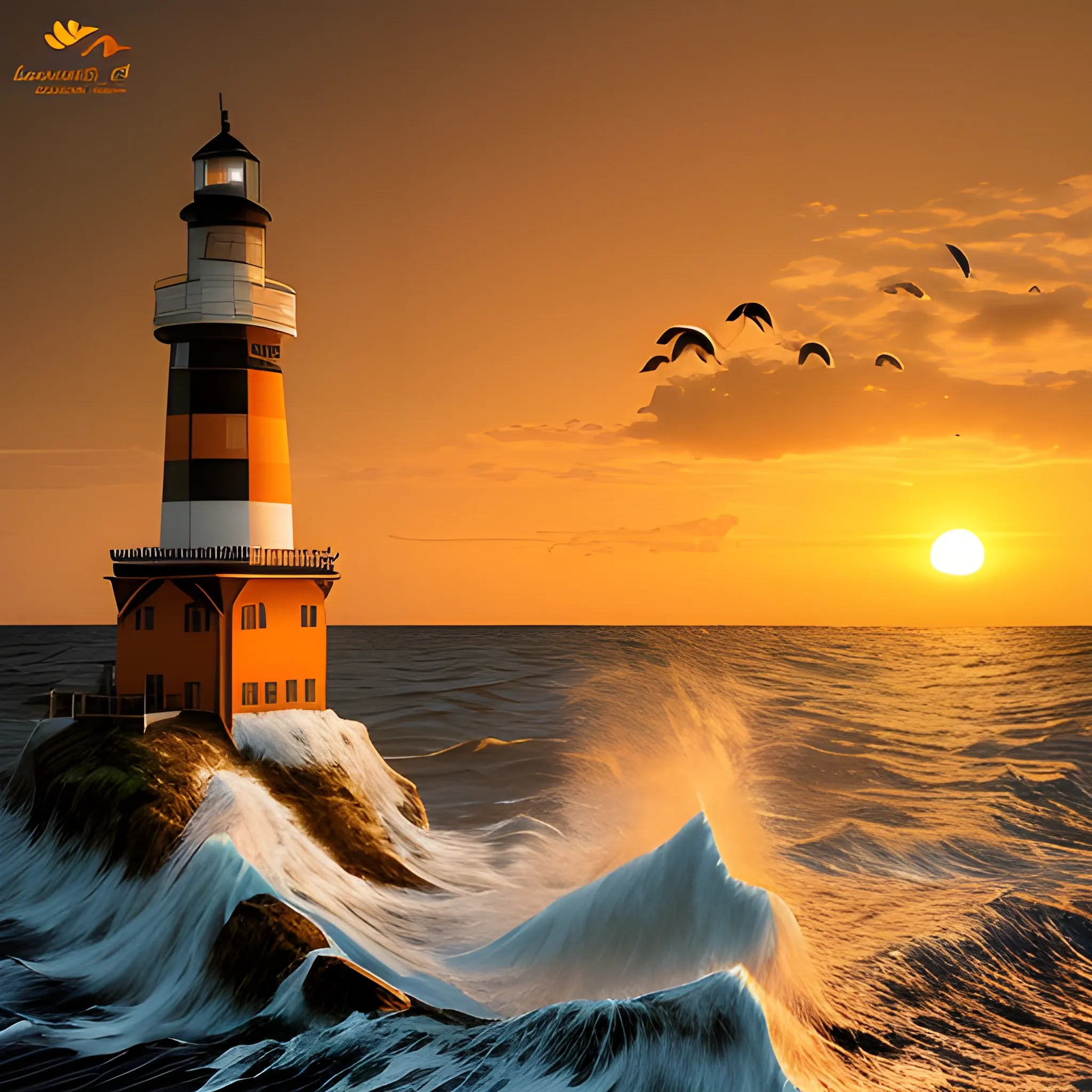 The image shows a majestic tiger with orange and black fur resting on a white sand beach. The sea is rough, with large waves breaking on the shore. Near the beach, there is a sailboat with its sails spread, sailing in the strong wind. In the distance, you can see an imposing lighthouse partially illuminated by the sun setting on the horizon., 3D