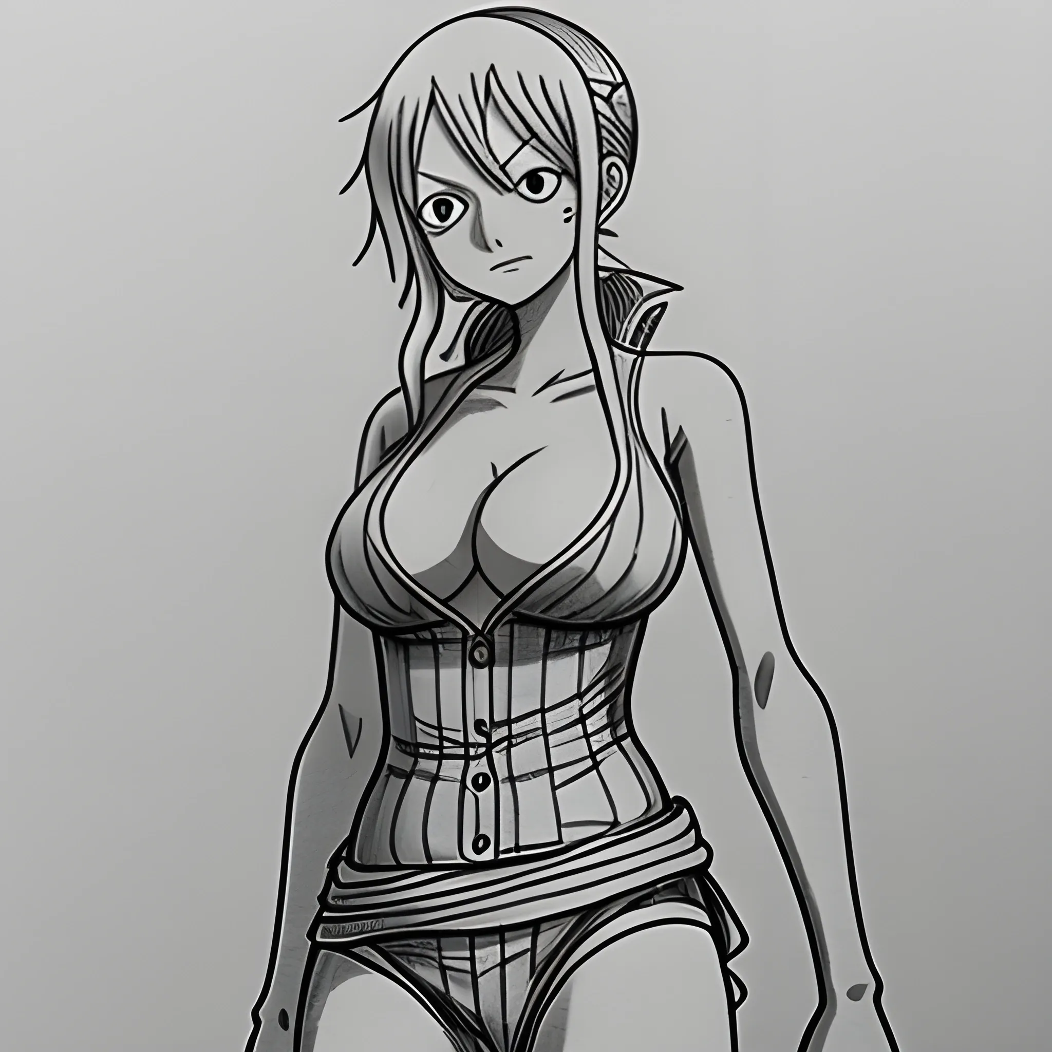 Nami from one piece full frontal, with something revealing as clothes, Anime, Pencil Sketch