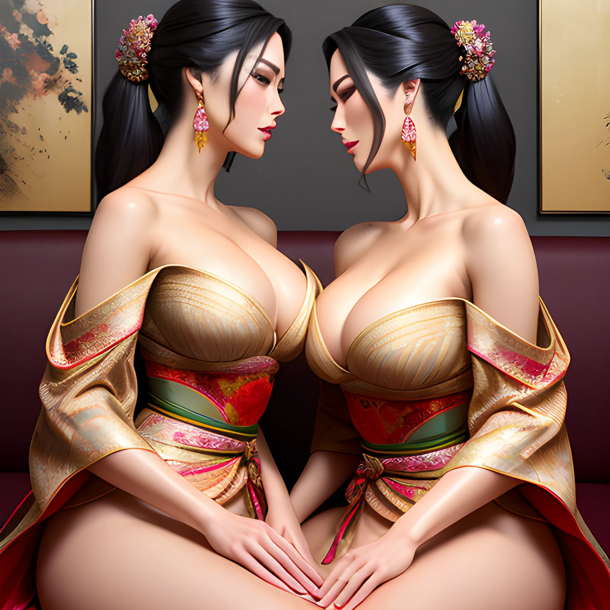 two dynamically different beautiful ethnic girls sitting dynamically on Japanese couch and dynamically kissing gently, Fantastic painting portrait by Karol Bak, Zhaoming Wu, Akihito Yoshida, bokeh, beautiful dynamic cleavage, hands cupping dynamic cleavage, hyper lover dynamic, hyper dynamic, hyper perfect anatomy, zoomed in, close up, hyper enticing dynamic, hyper flirty dynamic, hyper flirty dynamic leaning into each other pose, arched back dynamic, hyper flirty expressions dynamic, pressed together and dynamically touching each other, hyper dynamic hair styles, shiny hair, hyper beautiful face, hyper realistic, hyper beautiful face, wearing silk detailed off shoulder high slit kimonos, hyper detailed Japanese bedroom interior background, HD, 8k, photography