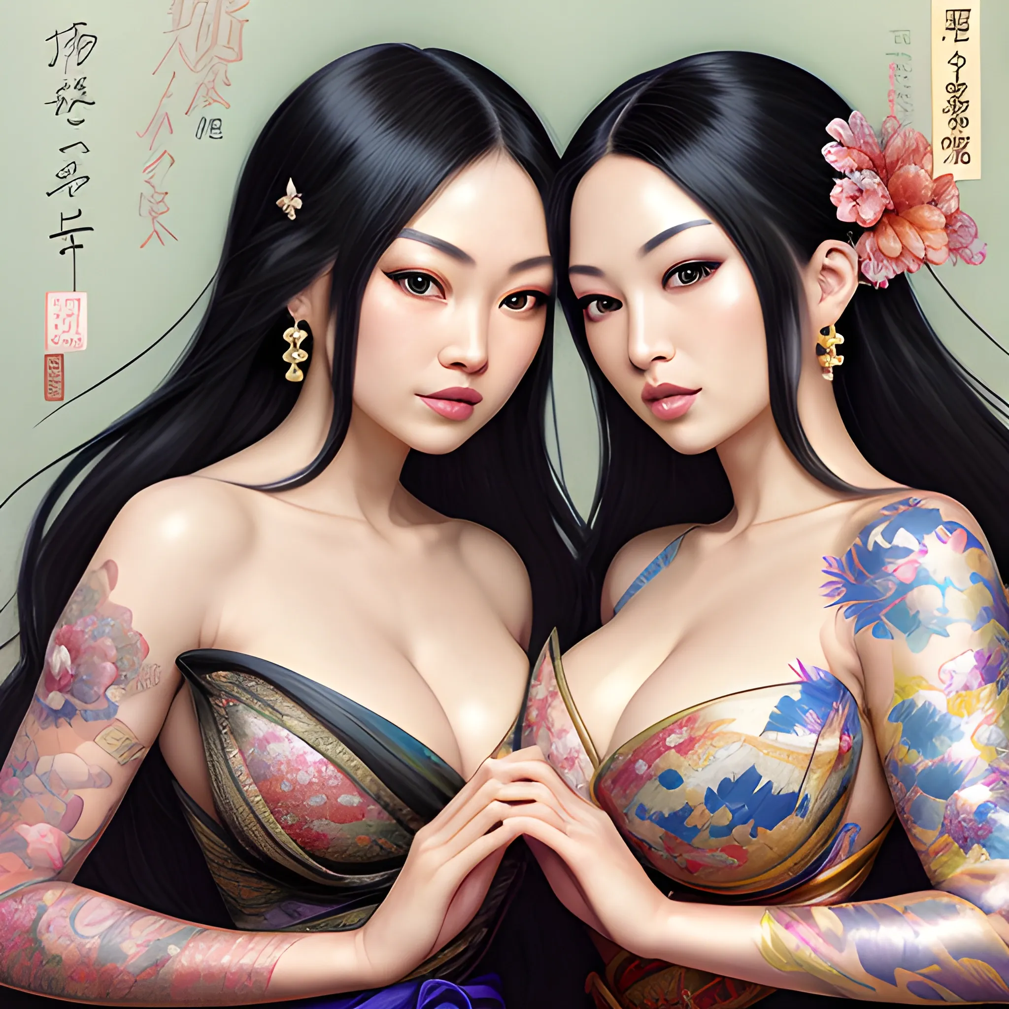 two hyper dynamically different beautiful ethnic women with hyper dynamic hyper detailed brightly colored Japanese tattoos lounging hyper dynamically on bed and hyper dynamically kissing gently, Fantastic painting portrait by Karol Bak, Zhaoming Wu, Akihito Yoshida, bokeh, beautiful hyper dynamic cleavage, hyper dynamically fondling, hyper lover dynamic, hyper dynamic, hyper perfect anatomy, hyper dynamic zoom, hyper enticing dynamic, hyper flirty dynamic, hyper flirty dynamic leaning into each other pose, arched back dynamic, hyper flirty expressions dynamic, pressed together and dynamically touching each other, hyper dynamic hair styles, shiny hair, hyper beautiful face, hyper realistic, hyper beautiful face, wearing hyper detailed traditional silk off shoulder high slit kimonos, hyper detailed traditional Japanese bedroom interior background, HD, 8k, photography