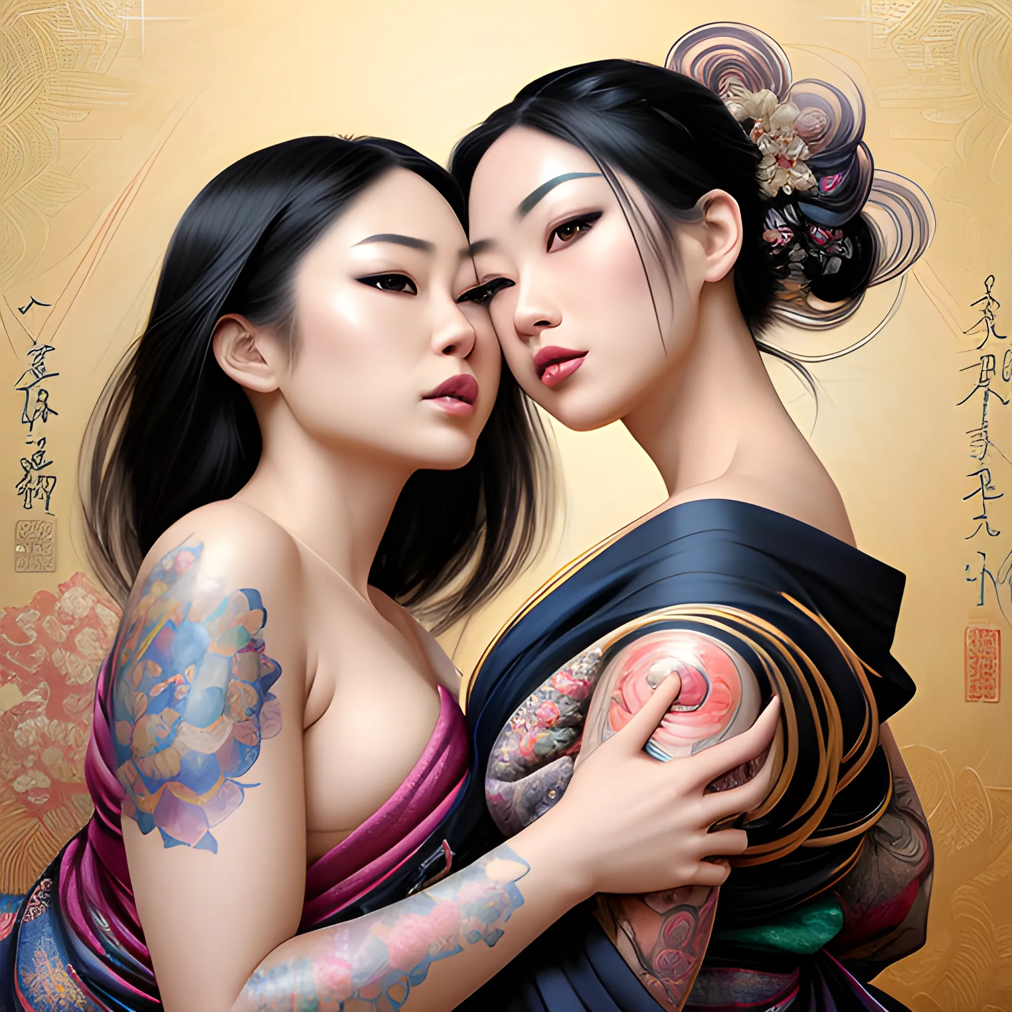 two hyper dynamically different beautiful ethnic women with hyper dynamic hyper detailed brightly colored Japanese tattoos lounging hyper dynamically on bed and hyper dynamically kissing gently, Fantastic painting portrait by Karol Bak, Zhaoming Wu, Akihito Yoshida, bokeh, beautiful hyper dynamic cleavage, hyper dynamically fondling, hyper lover dynamic, hyper dynamic, hyper perfect anatomy, hyper dynamic zoom, hyper enticing dynamic, hyper flirty dynamic, hyper flirty dynamic leaning into each other pose, arched back dynamic, hyper flirty expressions dynamic, pressed together and dynamically touching each other, hyper dynamic hair styles, shiny hair, hyper beautiful face, hyper realistic, hyper beautiful face, wearing hyper detailed traditional silk off shoulder high slit kimonos, hyper detailed traditional Japanese bedroom interior background, HD, 8k, photography