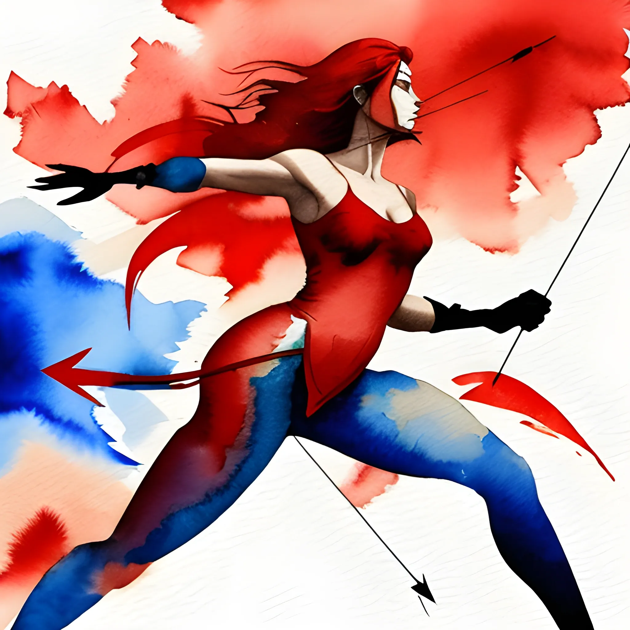 Create a watercolor scene depicting a woman on the horizon striking a dynamic pose while gracefully dodging numerous arrows falling from the sky. Emphasize the color red to make a visual impact.