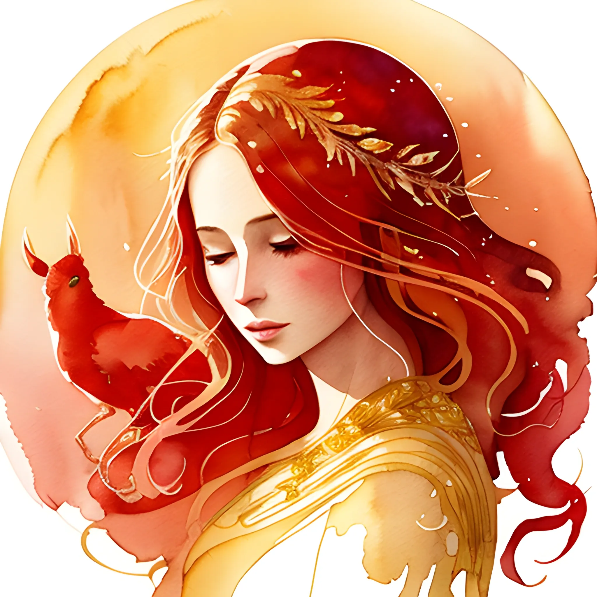 Create a watercolor illustration using only the color red. Depict a woman enveloped in golden light and surrounded by magical creatures, as her skin turns to gold in a dreamlike world