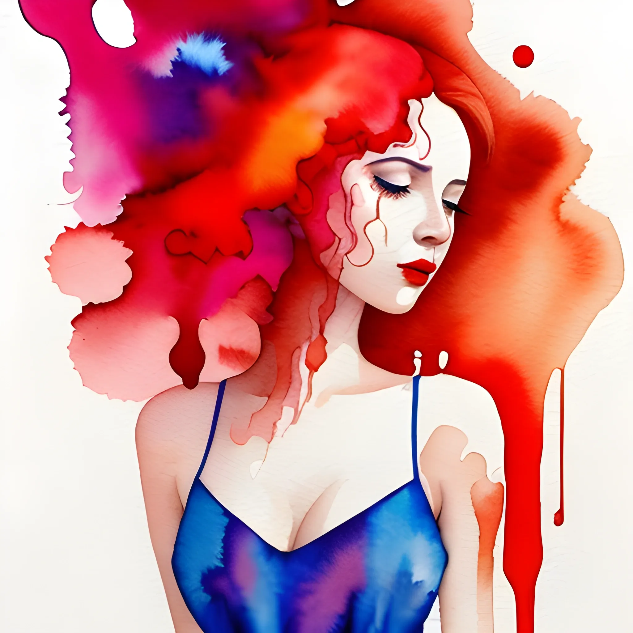 Create a watercolor illustration using only the color red. Depict a woman with a dress dripping with vibrant colors, blending into a surrealistic world of liquids.