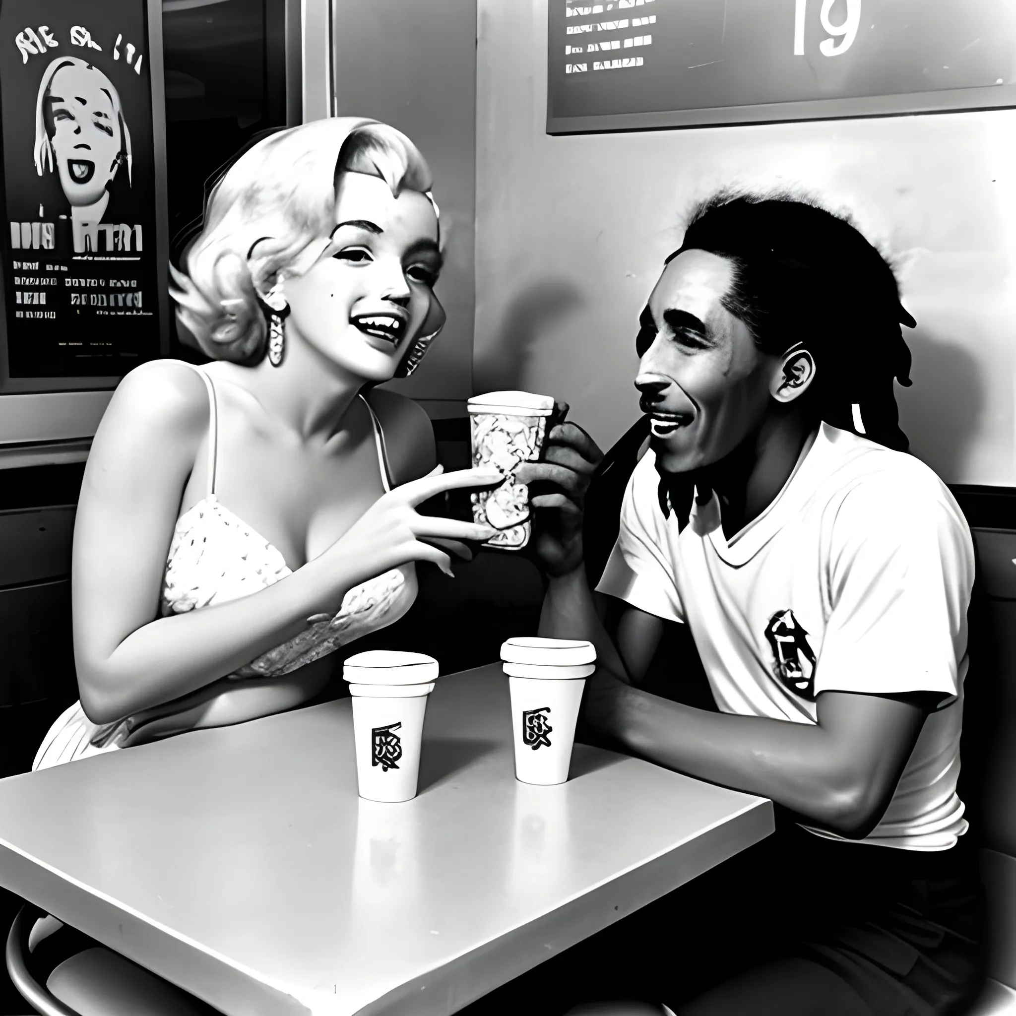 Marilyn Monroe with Bob Marley eating at McDonald's, Photo