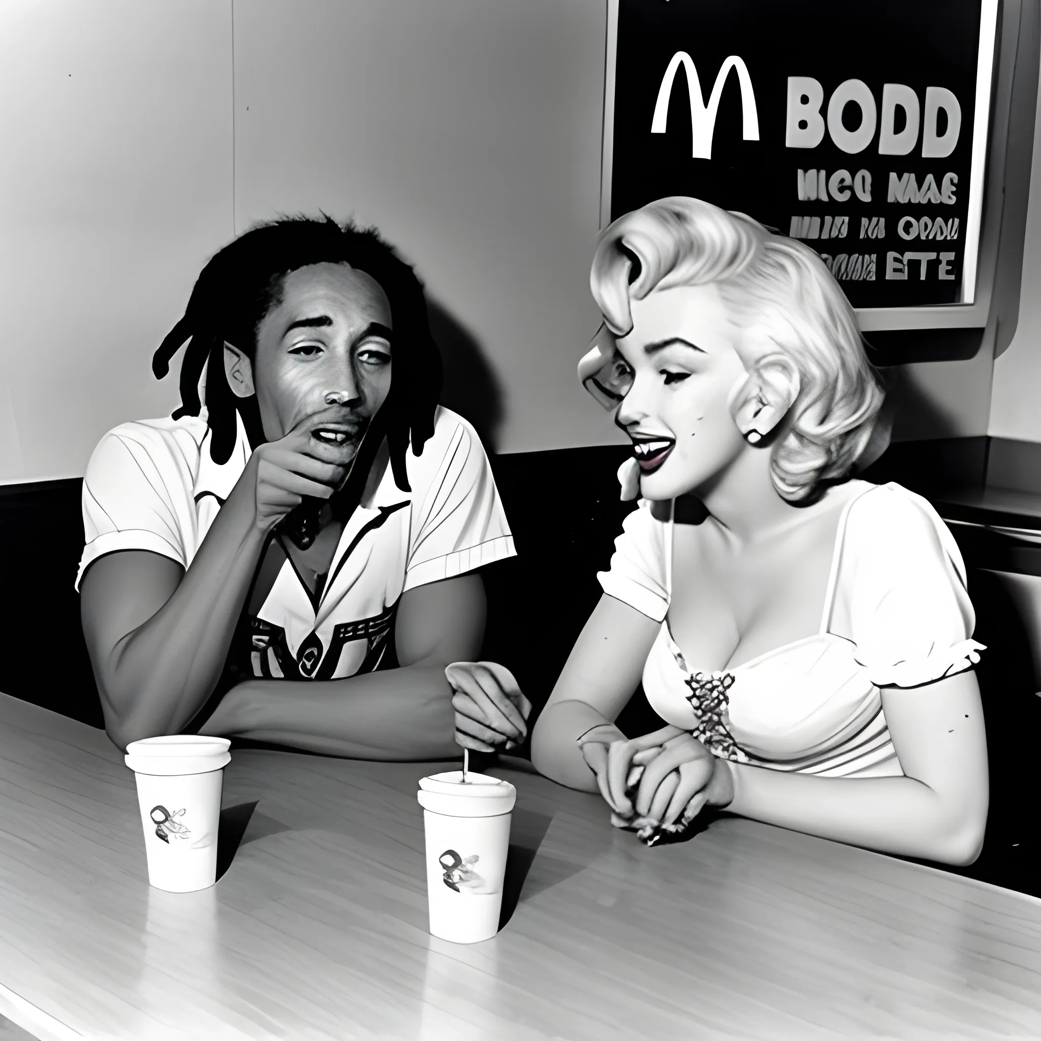 Marilyn Monroe with Bob Marley eating at McDonald's, Photo