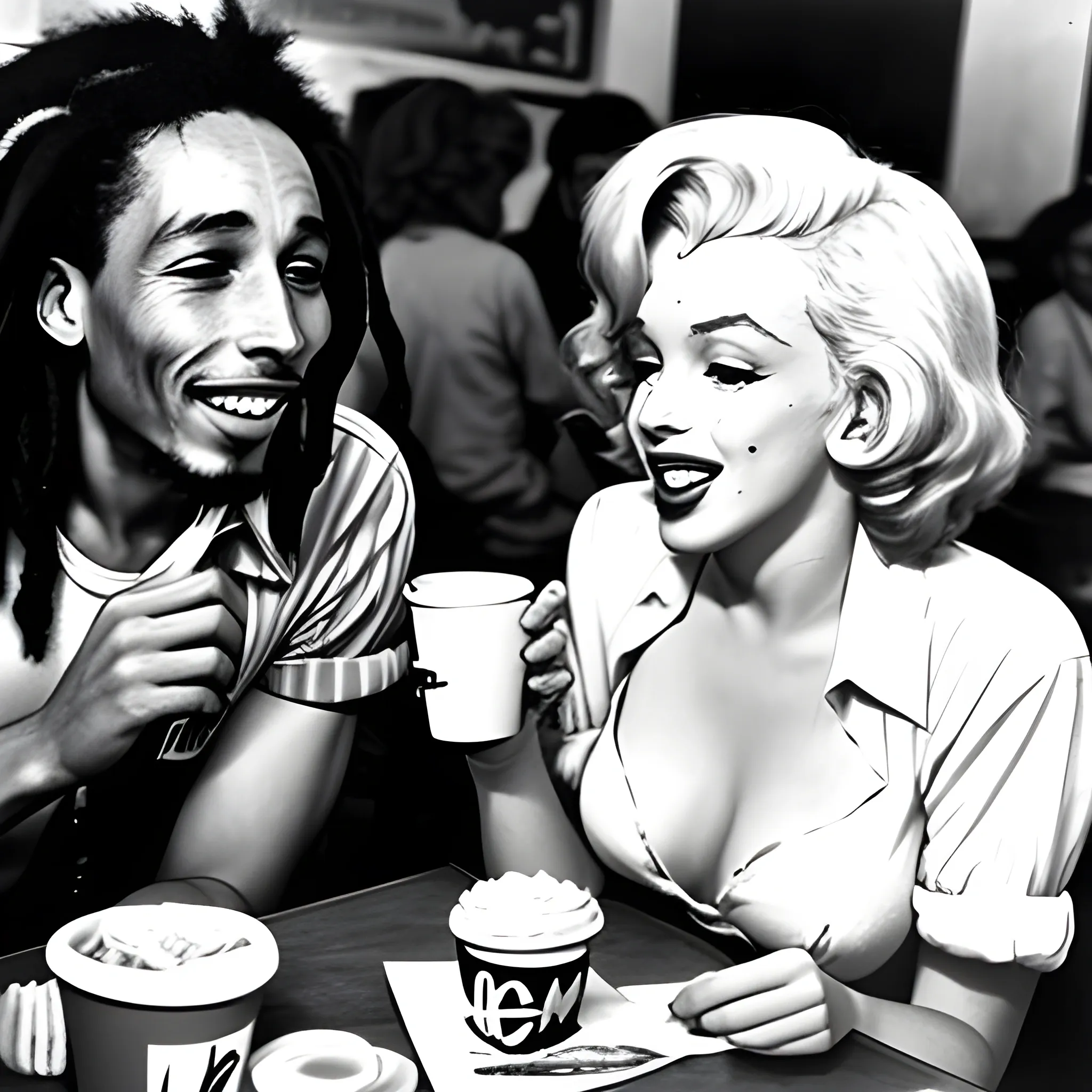 Marilyn Monroe with Bob Marley eating at McDonald's, Photo