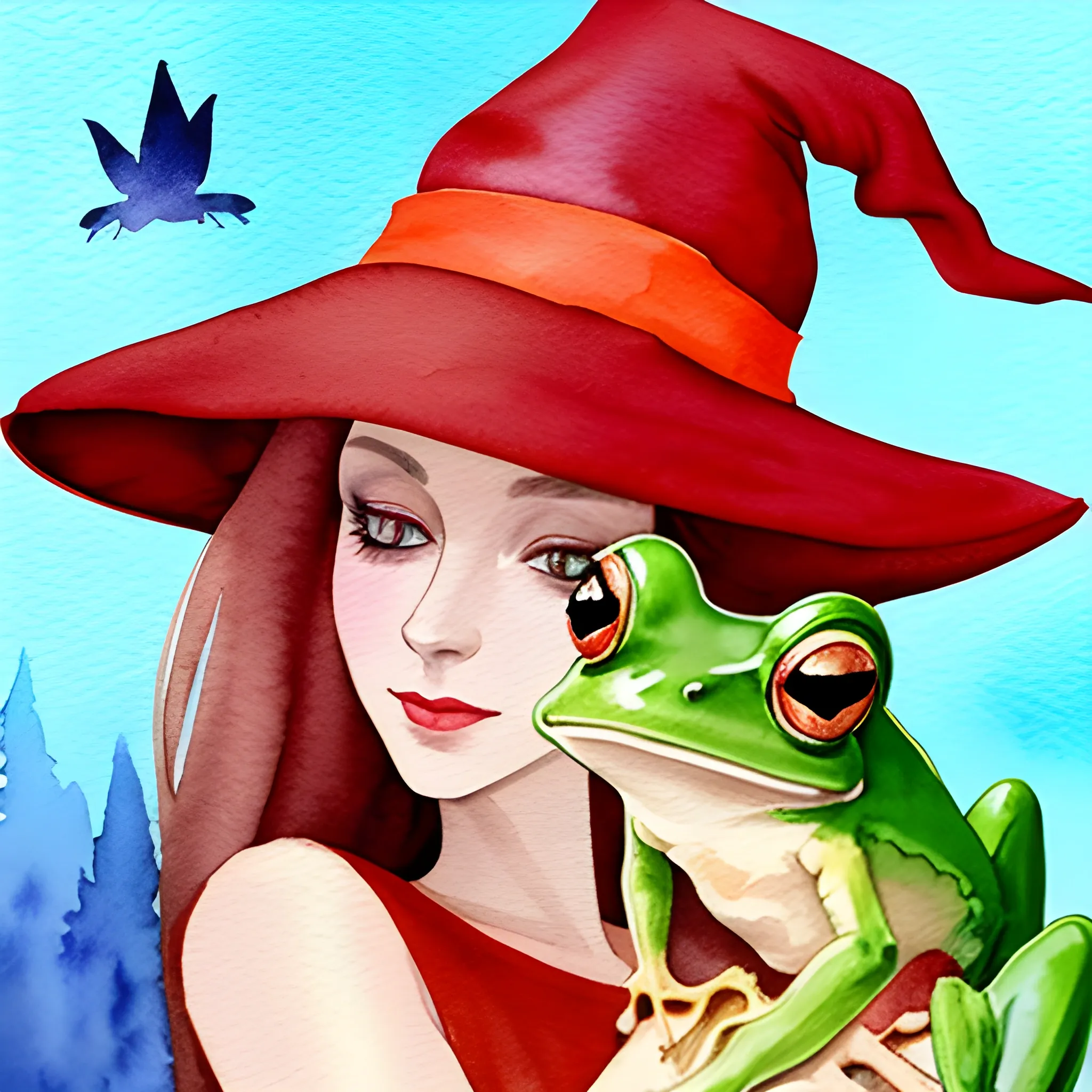Create a watercolor illustration using only the color red. Depict a woman wearing a witch's hat with a dreamy gaze, seen from a 3/4 angle, as she holds a frog, hinting at the possibility of transforming it into a prince