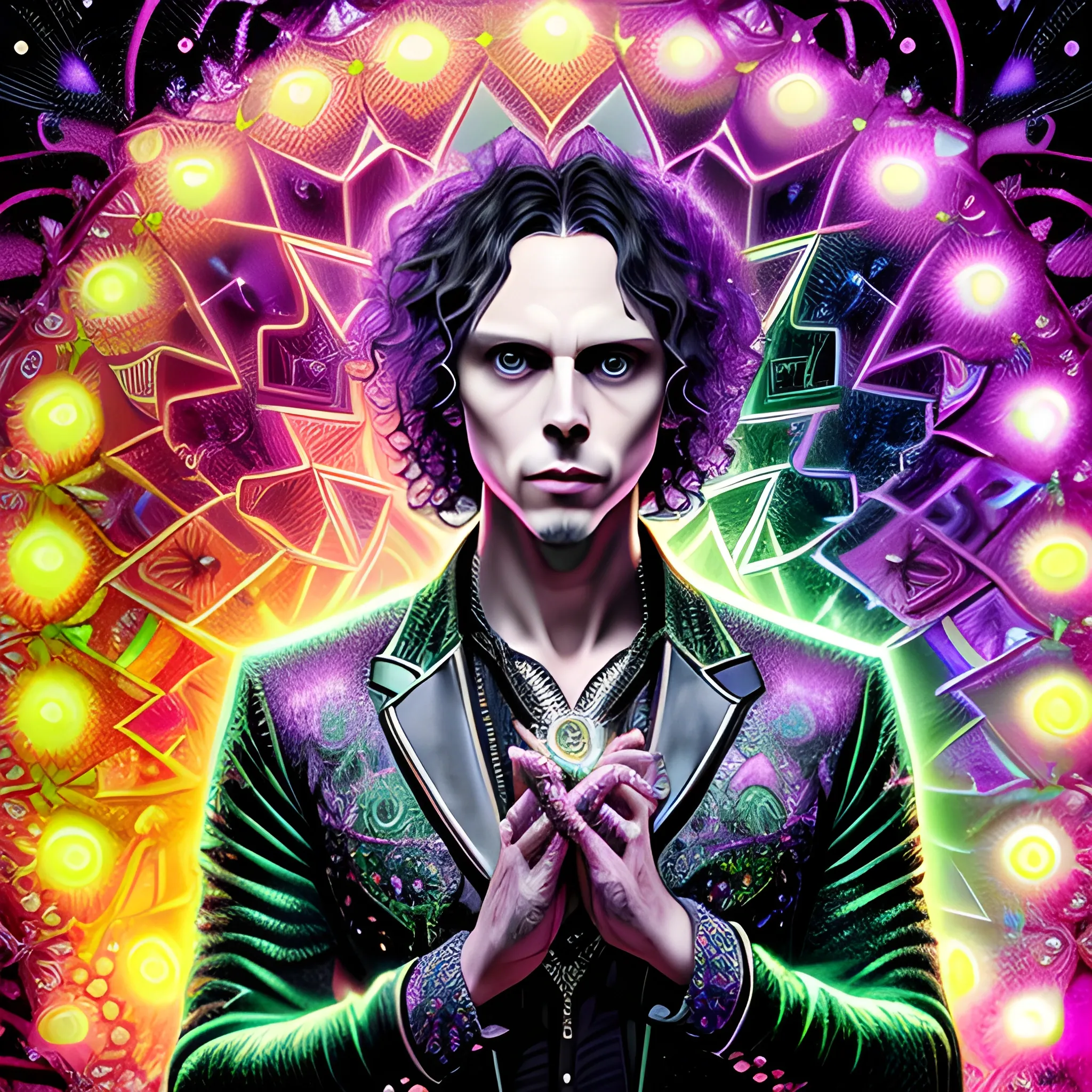 hyperdetailed oil on canvas, Ville Valo, his striking green eyes, his handsome perfect, precisely detailed face, pink, purple, heartagram, luminous colorful sparkles, by James R. Eads, Gawki, rajewel, Tania Rivilis, Dan Mumford, glitter, airbrush, Octane Render, elegant, volumetric lighting, 16k