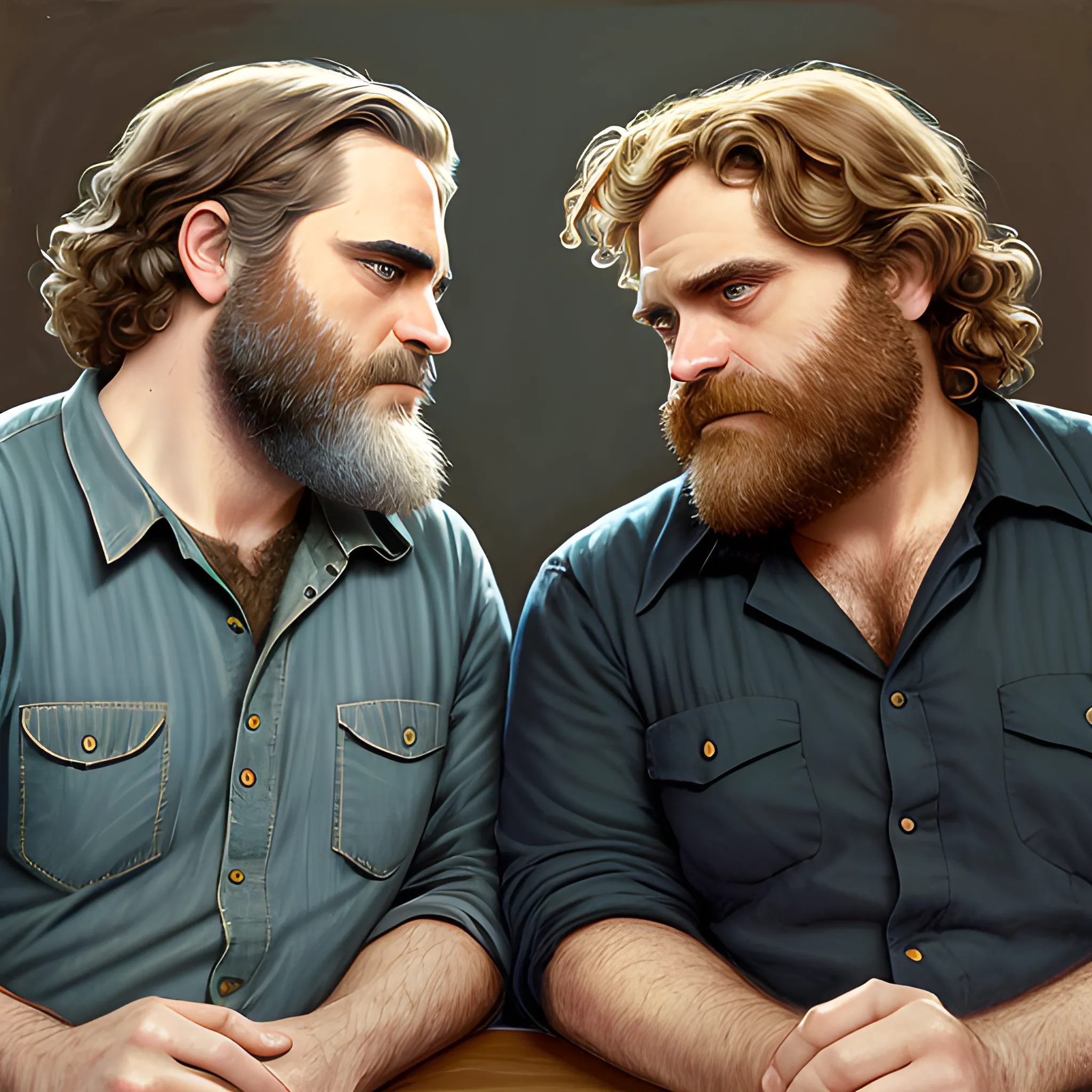 Joaquin Phoenix and Zach Galifianakis having a conversation about beards, highly detailed faces, modern American; by Lisa Frank, Daniel Gerhartz, Phil Noto art, Manara; hyper-detailed, hyper-realistic, sharp focus; symmetrical face; textured shading, subtractive lighting, Unreal Engine