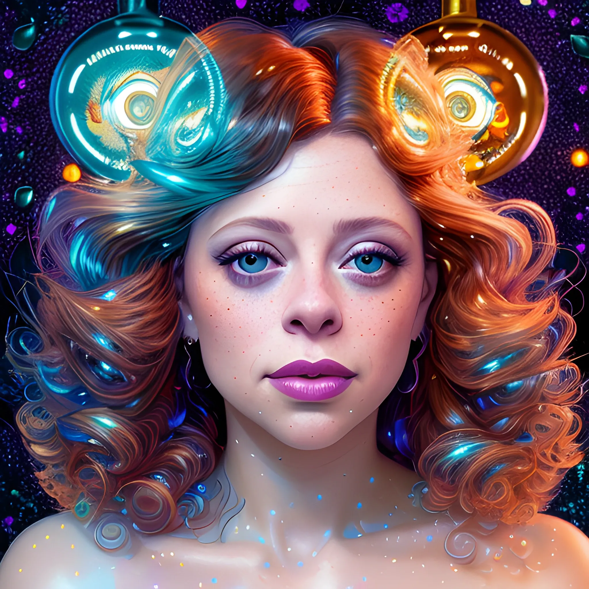 hyperdetailed oil on canvas, Natasha Lyonne, her striking brown eyes, her beautiful, perfect, softly freckled face, luminous colorful sparkles, color bulbs; James R. Eads, Gawki, rajewel, Tania Rivilis, DestinyBlue, glitter, airbrush, Octane Render, elegant, volumetric lighting, 16k