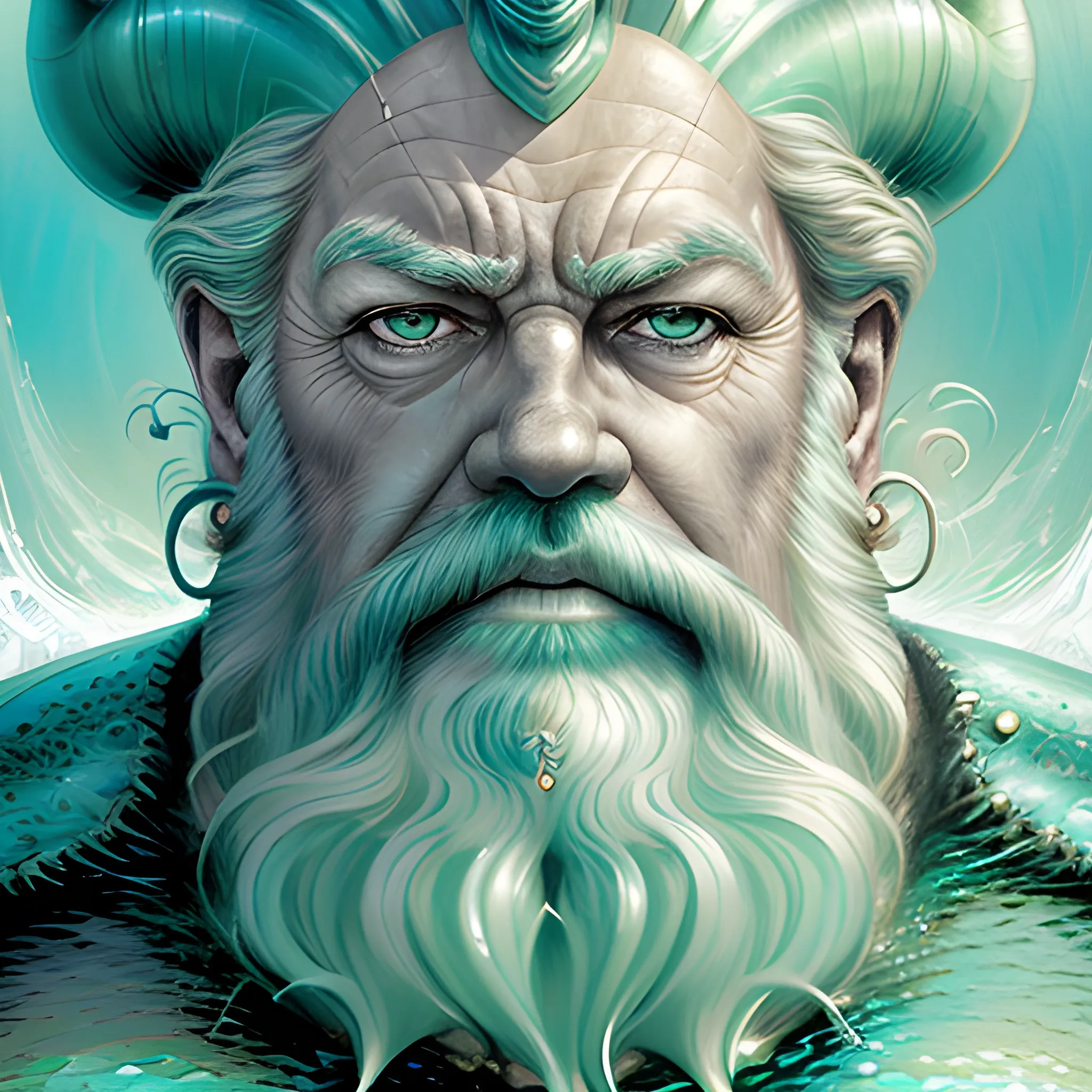close-up portrait of King Triton in a deep green and silver seafoam; his highly detailed face, luminous color sparkles, Mark Brooks and Dan Mumford, Jean Baptiste Monge, Aaron Horkey and Jeremy Mann, James R. Eads; comic book art, perfect, smooth