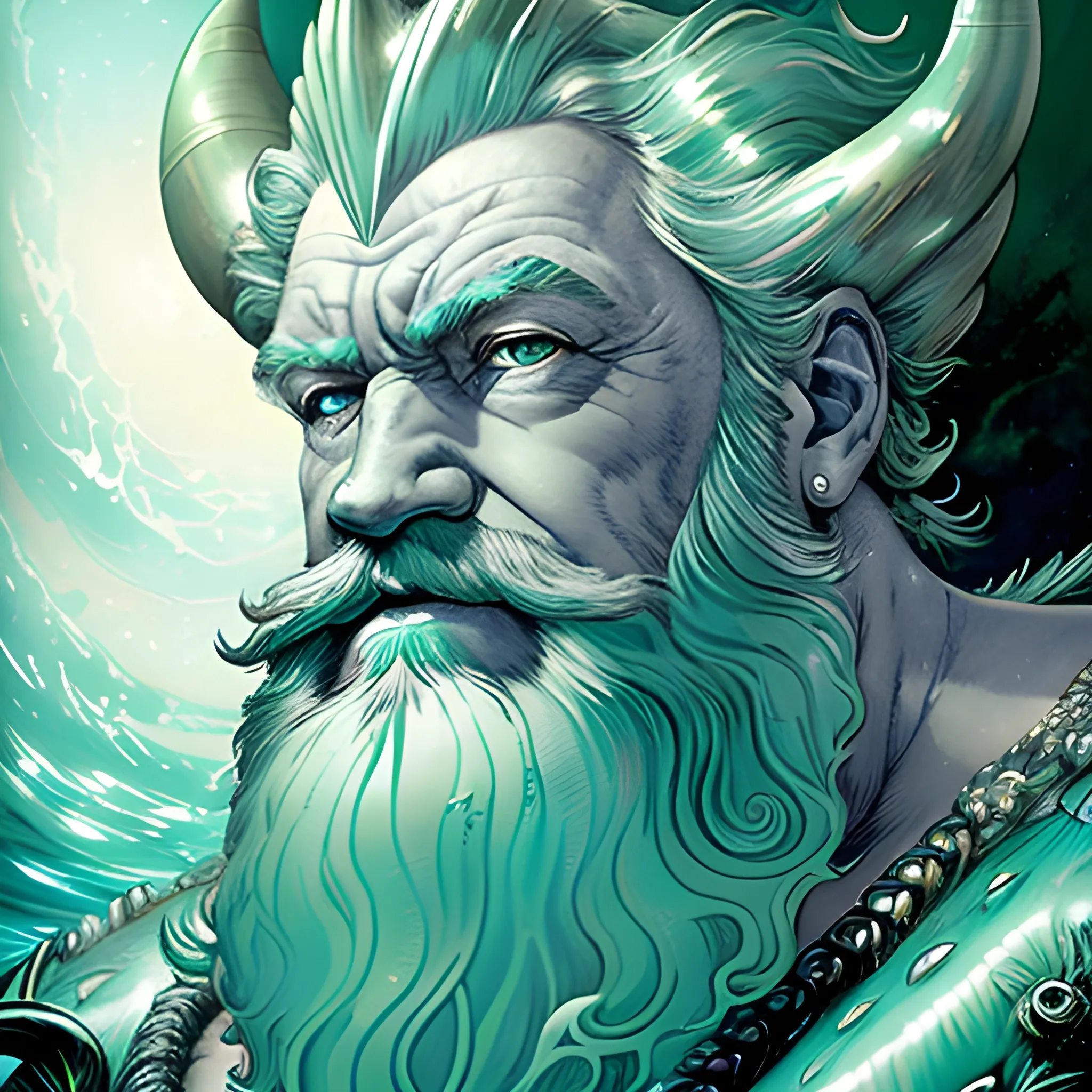 close-up portrait of King Triton in a deep green and silver seafoam; his highly detailed face, luminous color sparkles, Mark Brooks and Dan Mumford, Jean Baptiste Monge, Aaron Horkey and Jeremy Mann, James R. Eads; comic book art, perfect, smooth