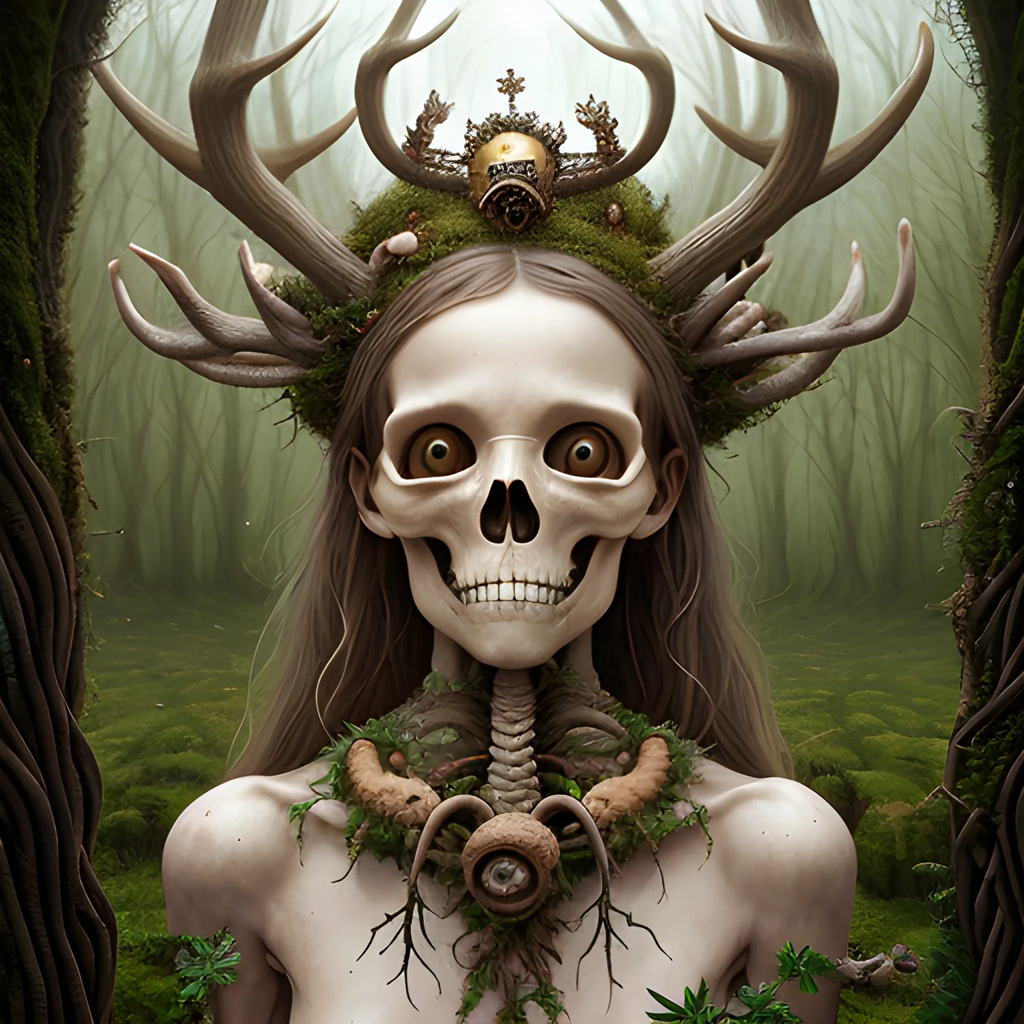 meticulously detailed, symmetrical bone crown made of an animal skull, moss, antlers, acorns, leaves, currants and bones; beautiful wood nymph wearing a crown of bones, detailed beautiful face, moss ivy hair, volumetric light 2, intricately detailed, Gediminas Pranckevicius, Laurie Lipton, Jacek Yerka, Peter Gric, fantasy