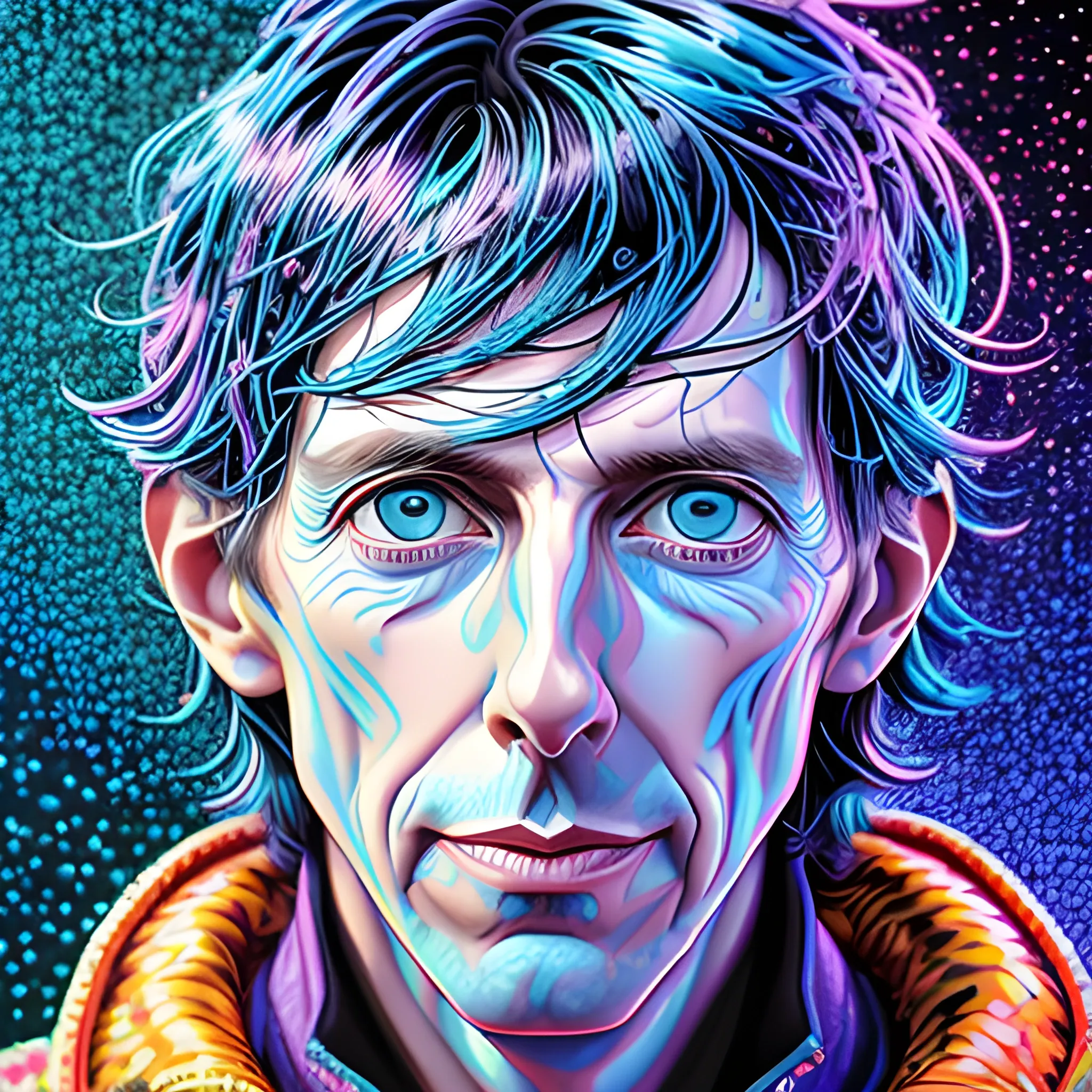 hyperdetailed oil on canvas, Ric Ocasek, pale ice blue eyes, his perfect, precisely detailed face, multi-hued dark hair, purple, blue, pink, luminous color sparkles; James R. Eads, Gawki, rajewel, Tania Rivilis, Dan Mumford, glitter, airbrush, Octane Render, elegant, volumetric lighting