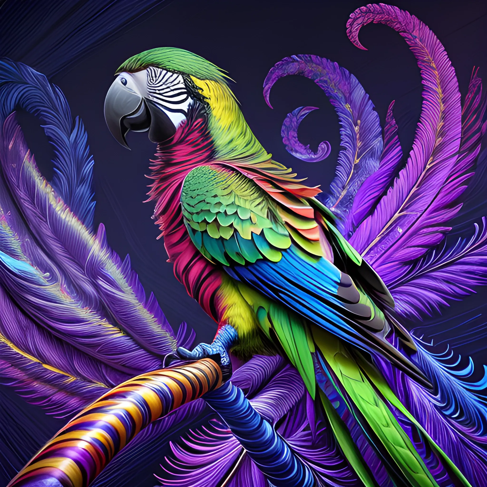 hyperdetailed oil on canvas, a parrot, striking details, beautiful, perfect, precisely detailed feathers, multi-hued feathered tail, purple, blue, green, luminous color sparkles; James R. Eads, Gawki, rajewel, Tania Rivilis, Dan Mumford, glitter, airbrush, Octane Render, elegant, volumetric lighting