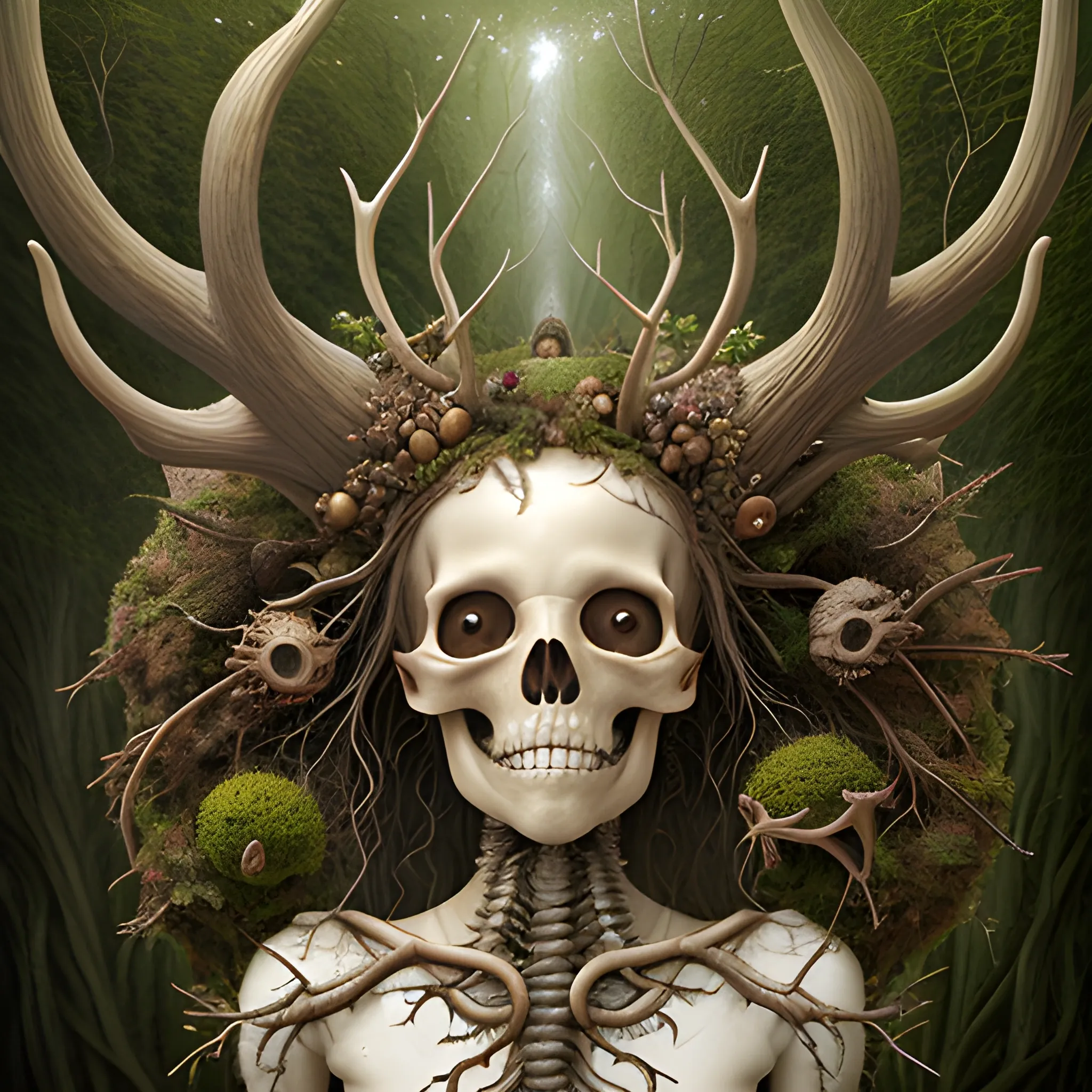 meticulously detailed, symmetrical bone crown made of an animal skull, moss, antlers, acorns, leaves, currants and bones; beautiful wood nymph wearing a crown of bones, detailed beautiful face, moss ivy hair, volumetric light 2, intricately detailed, Gediminas Pranckevicius, Laurie Lipton, Jacek Yerka, Peter Gric, fantasy