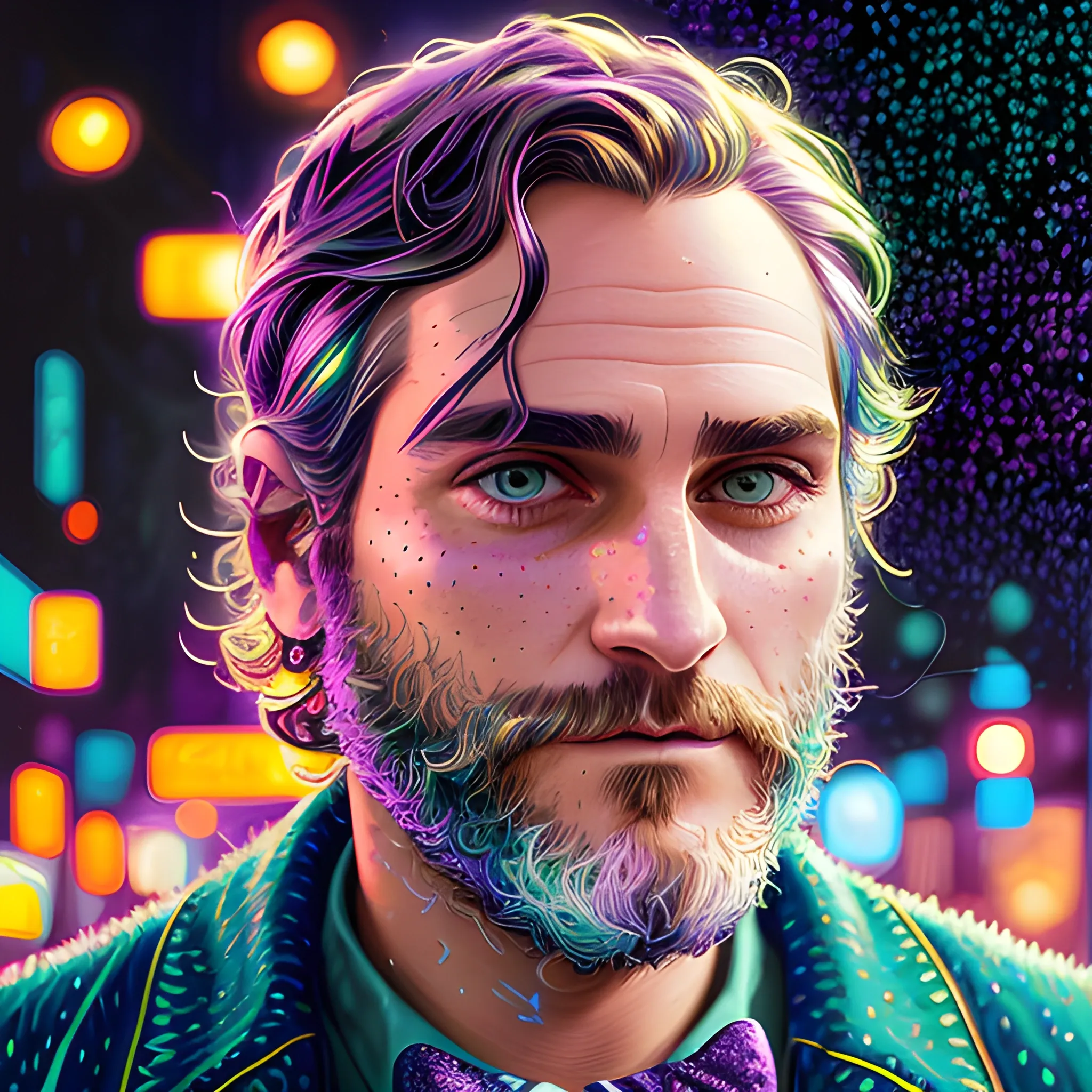 hyperdetailed oil on canvas, Joaquin Phoenix, his striking lavender-green eyes, his handsome perfect, softly freckled face, luminous colorful sparkles, color bulbs, by James R. Eads, Gawki, rajewel, Tania Rivilis, Dan Mumford, glitter, airbrush, Octane Render, elegant, volumetric lighting, 16k