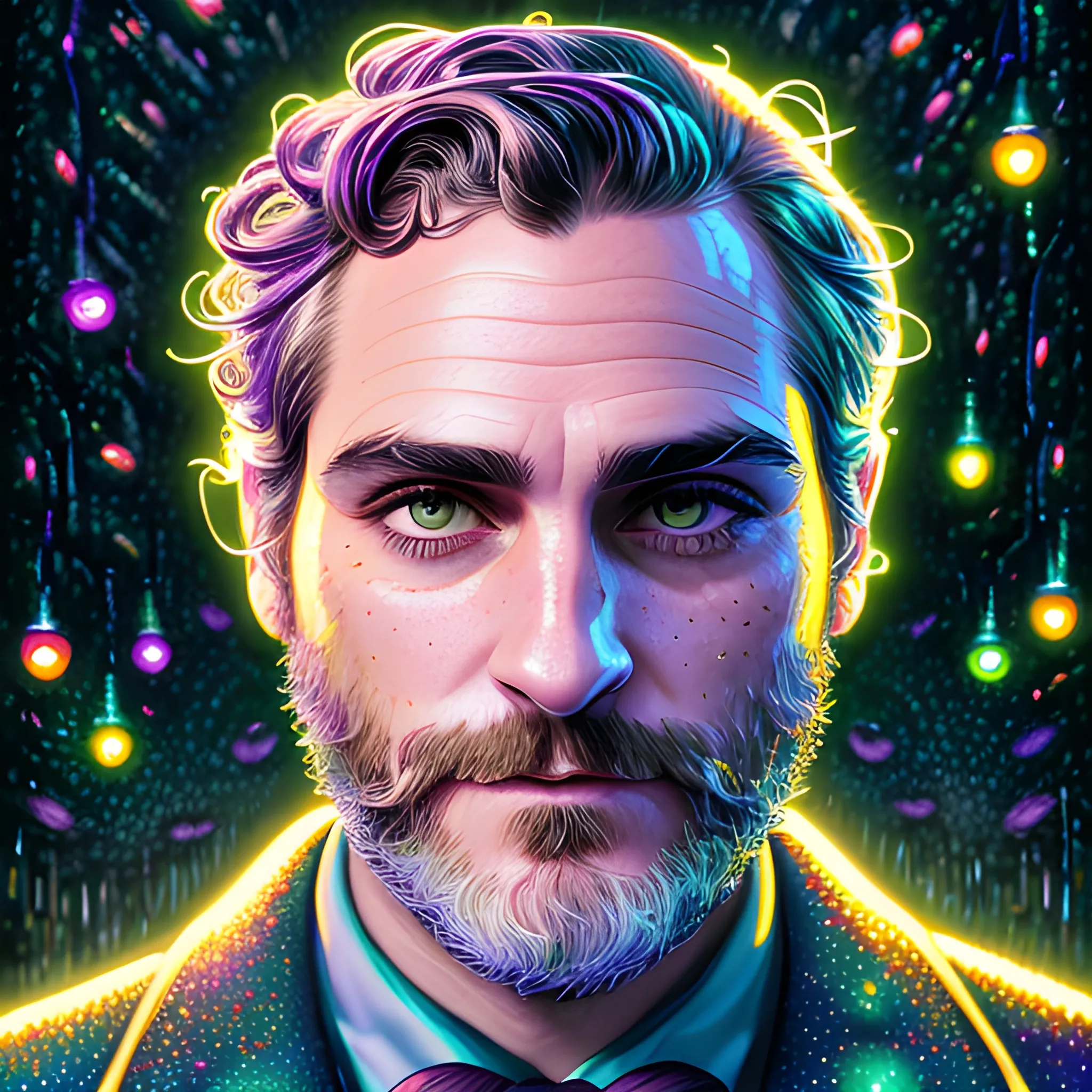 hyperdetailed oil on canvas, Joaquin Phoenix, his striking lavender-green eyes, his handsome perfect, softly freckled face, luminous colorful sparkles, color bulbs, by James R. Eads, Gawki, rajewel, Tania Rivilis, Dan Mumford, glitter, airbrush, Octane Render, elegant, volumetric lighting, 16k