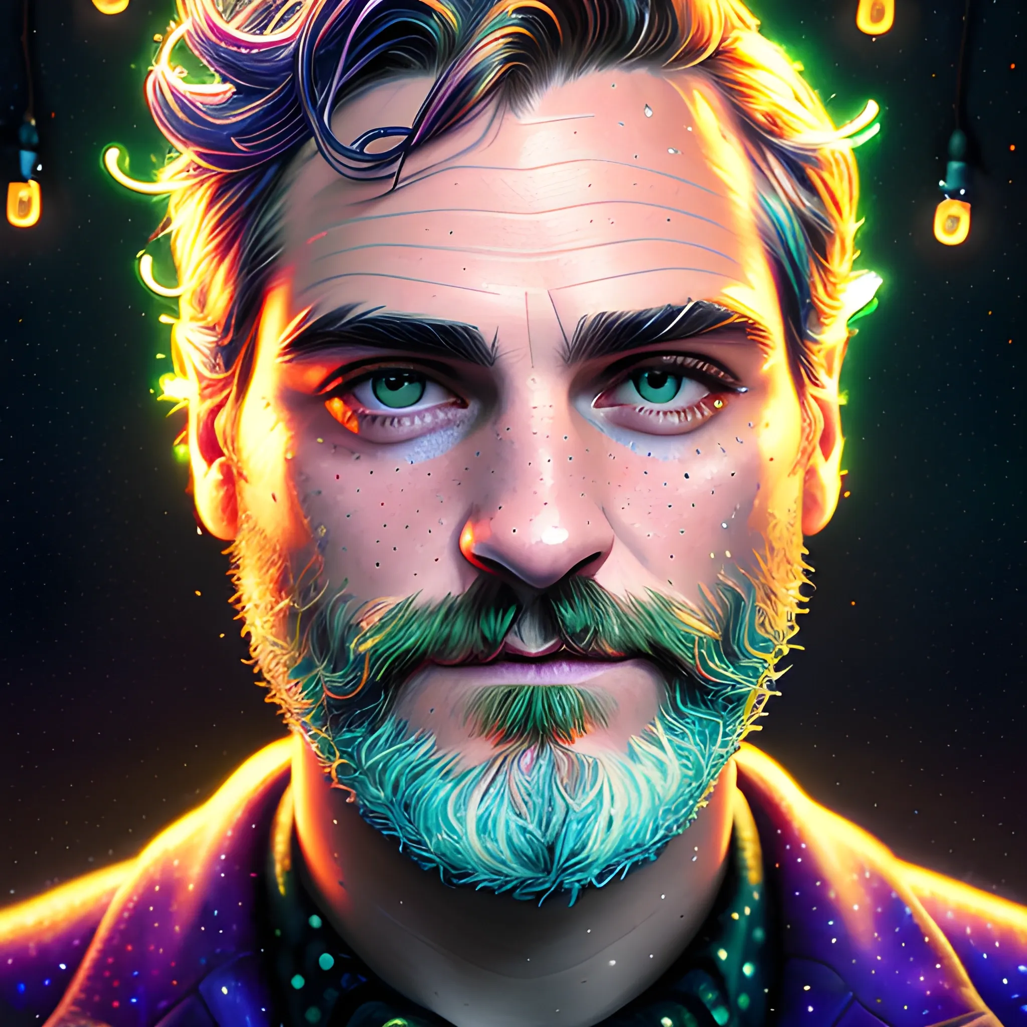 hyperdetailed oil on canvas, Joaquin Phoenix, his striking lavender-green eyes, his handsome perfect, softly freckled face, luminous colorful sparkles, color bulbs, by James R. Eads, Gawki, rajewel, Tania Rivilis, Dan Mumford, glitter, airbrush, Octane Render, elegant, volumetric lighting, 16k