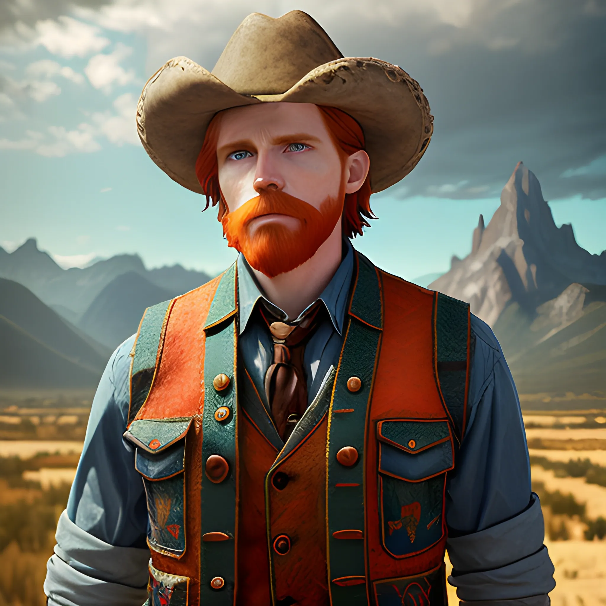 A dramatic 3D epic beautiful painting of Courtney Gains meticulously detailed handsome, rugged face and multi-hued red hair; he is wearing jeans, vest, and a cowboy hat; background is mountains and clouds, dramatic lighting, golden hour; by Walter Crane, Mucha, Zdzislaw Beksinski, Vladimir Manyukhin, van Gogh; trending on artstation, Unreal Engine, 3D:: sharp focus tilt-shift 64 megapixels VRay Polycount felted glitchcore stained glass elaborate retro hyperrealism lowbrow dye-transfer