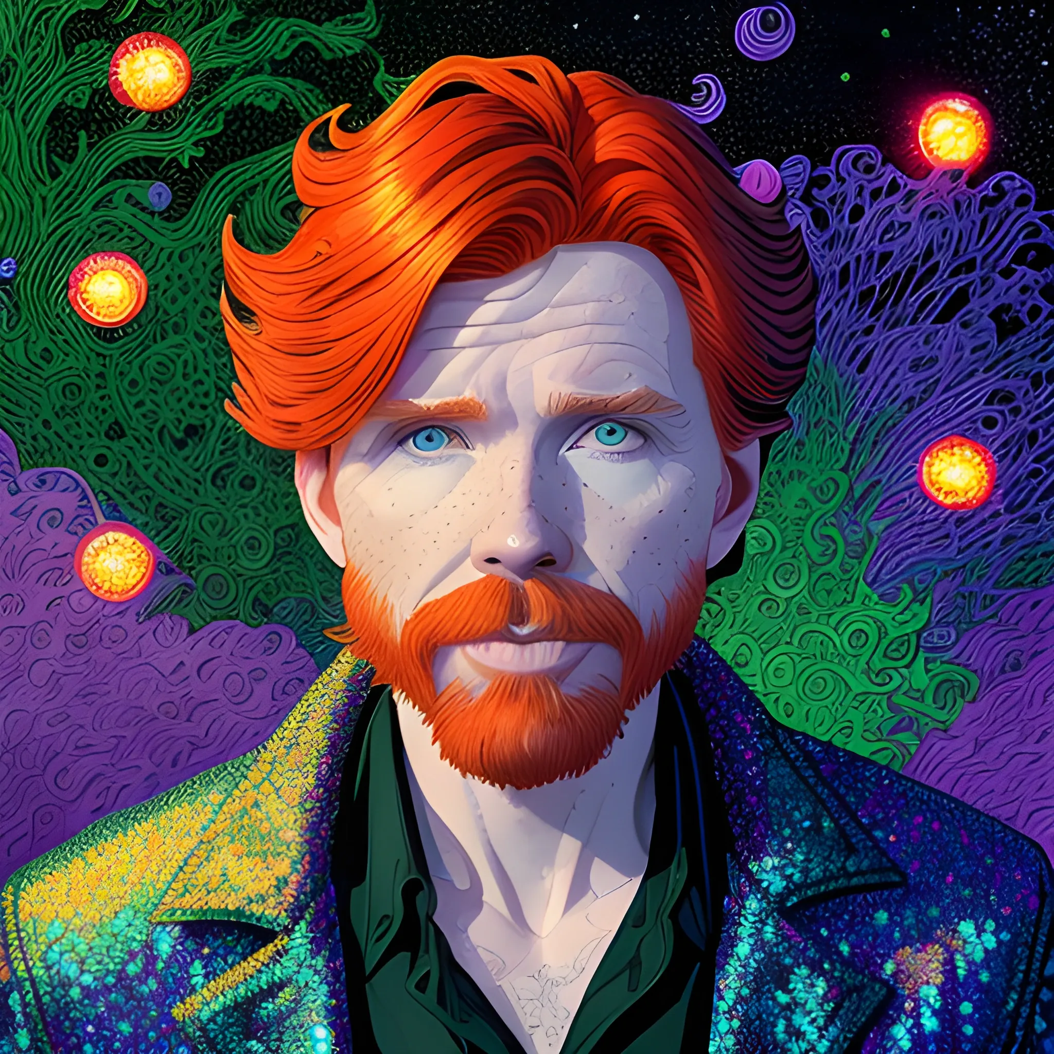 male actor Courtney Gains, his highly detailed handsome face, meticulously detailed multi-hued red hair; by James R. Eads, Fausto-Giurescu, Tania Rivilis, Renata-s-art, Dan Mumford; luminous colorful sparkles, glitter, airbrush, depth of field, volumetric lighting, deep color, underground comix