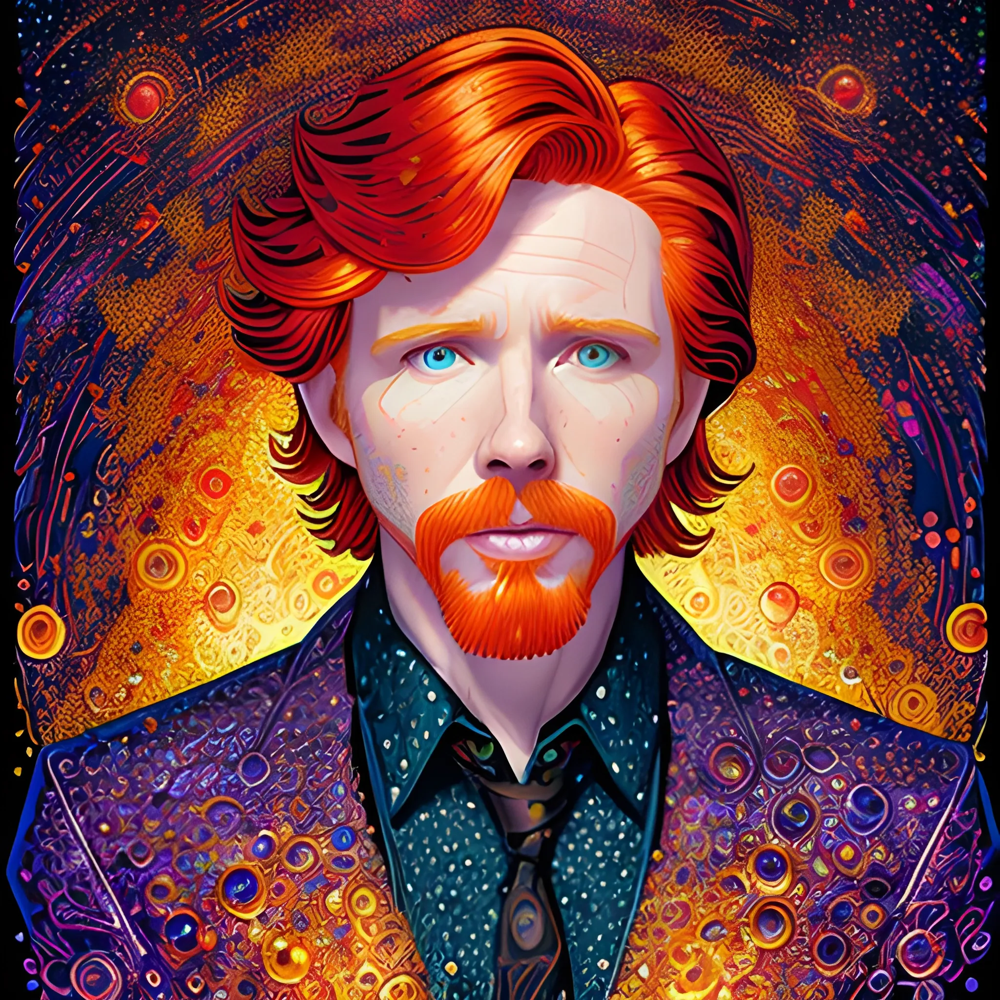 male actor Courtney Gains, his highly detailed handsome face, meticulously detailed multi-hued red hair; by James R. Eads, Fausto-Giurescu, Tania Rivilis, Renata-s-art, Dan Mumford; luminous colorful sparkles, glitter, airbrush, depth of field, volumetric lighting, deep color, underground comix