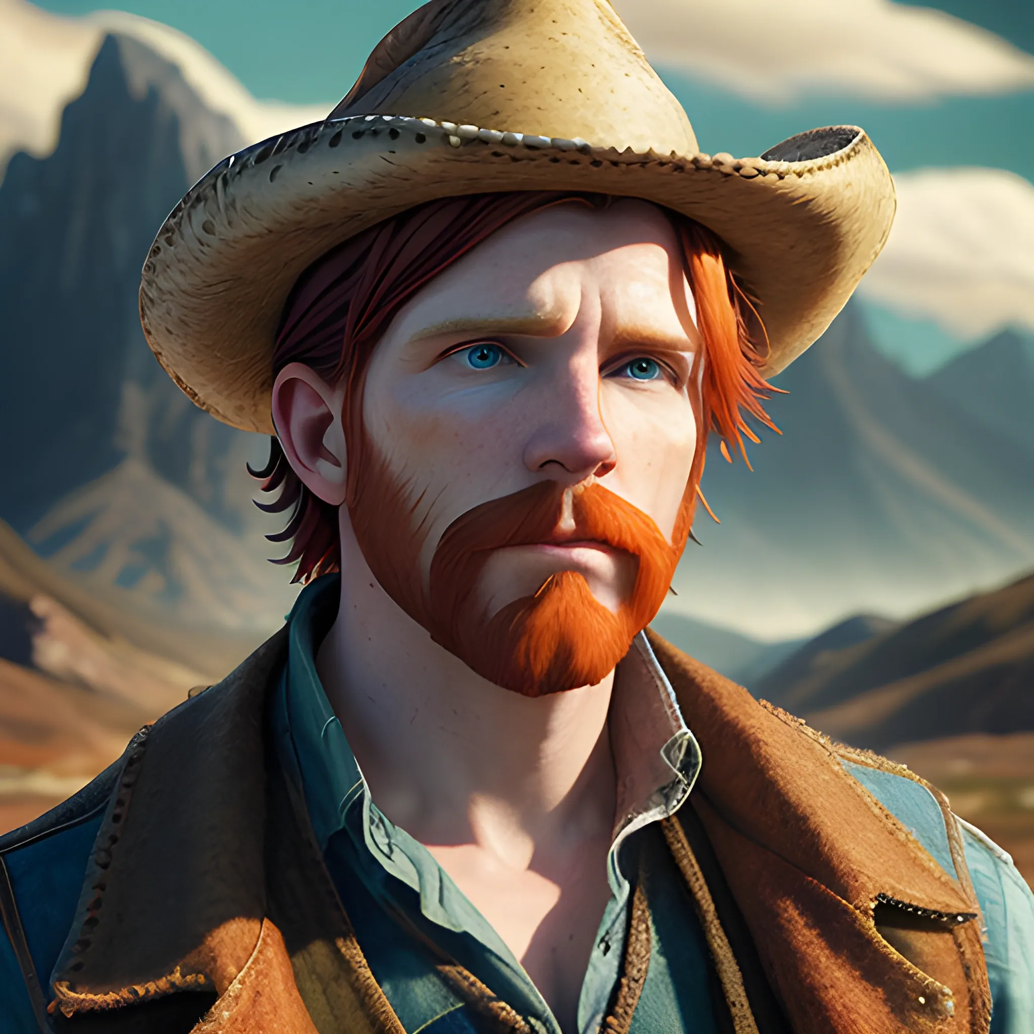 A dramatic 3D epic beautiful painting of Courtney Gains meticulously detailed handsome, rugged face and multi-hued red hair; he is wearing jeans, vest, and a cowboy hat; background is mountains and clouds, dramatic lighting, golden hour; by Walter Crane, Mucha, Zdzislaw Beksinski, Vladimir Manyukhin, van Gogh; trending on artstation, Unreal Engine, 3D:: sharp focus tilt-shift 64 megapixels VRay Polycount felted glitchcore stained glass elaborate retro hyperrealism lowbrow dye-transfer