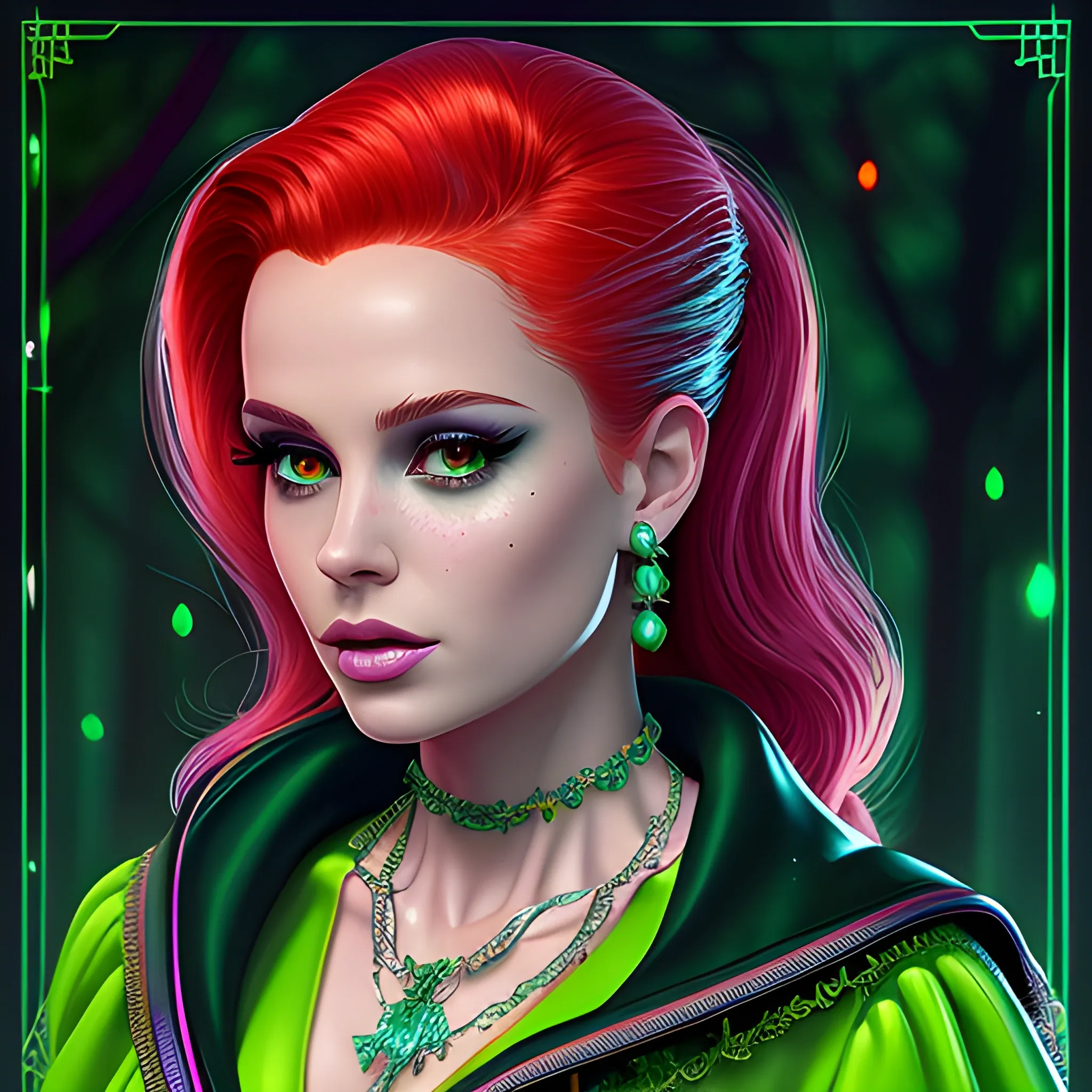 Cheryl Blossom, perfect, highly detailed beautiful face, anatomically correct perfect body, green midriff dress, meticulously detailed multi-hued long red hair, moss-colored, forest green and black robes, emerald necklace; digital painting, smooth, sharp focus, colorful illustration, art by Lisa Frank, James R. Eads, artgerm and Maxfield Parrish; luminous color sparkles, glitter, neon, airbrush, textured, Unreal Engine 5