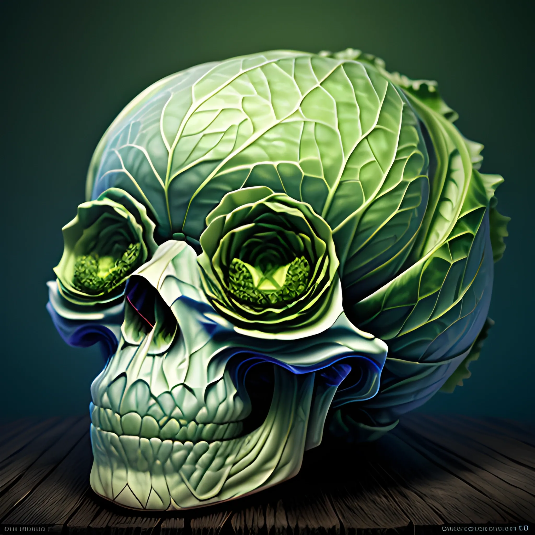 intricately detailed cabbage skull made out of cabbage, green bulging eyes, rotten green skin, blue veins; octane render, trending on artstation, by gediminas pranckevicius, volumetric light 2 blue fractal thunder glow by dan mumford, anaglyph effect, laurie lipton; A beautiful oil painting, hyperrealism, cabbage leaves, cabbage skull