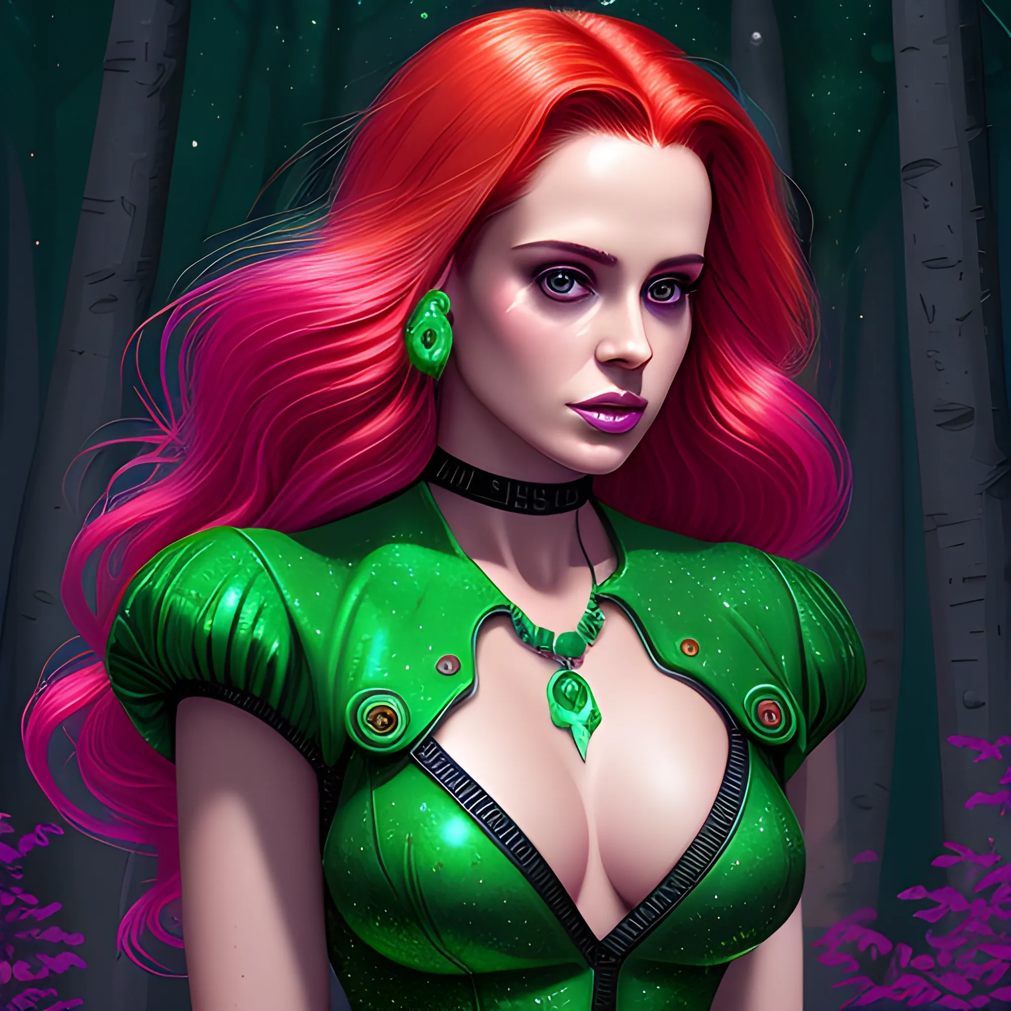 Cheryl Blossom, perfect, highly detailed beautiful face, anatomically correct perfect body, green midriff dress, meticulously detailed multi-hued long red hair, moss-colored, forest green and black robes, emerald necklace; digital painting, smooth, sharp focus, colorful illustration, art by Lisa Frank, James R. Eads, artgerm and Maxfield Parrish; luminous color sparkles, glitter, neon, airbrush, textured, Unreal Engine 5