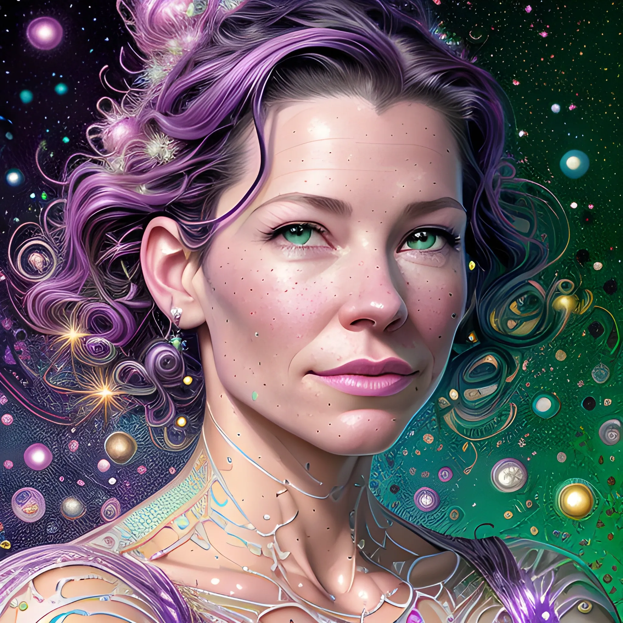 hyperdetailed oil on canvas, Evangeline Lilly, her striking green speckled eyes, her stunningly beautiful perfect, precisely detailed face, pink, purple, blue, luminous colorful sparkles, by James R. Eads, Gawki, rajewel, Tania Rivilis, Dan Mumford, glitter, airbrush, Octane Render, elegant, volumetric lighting