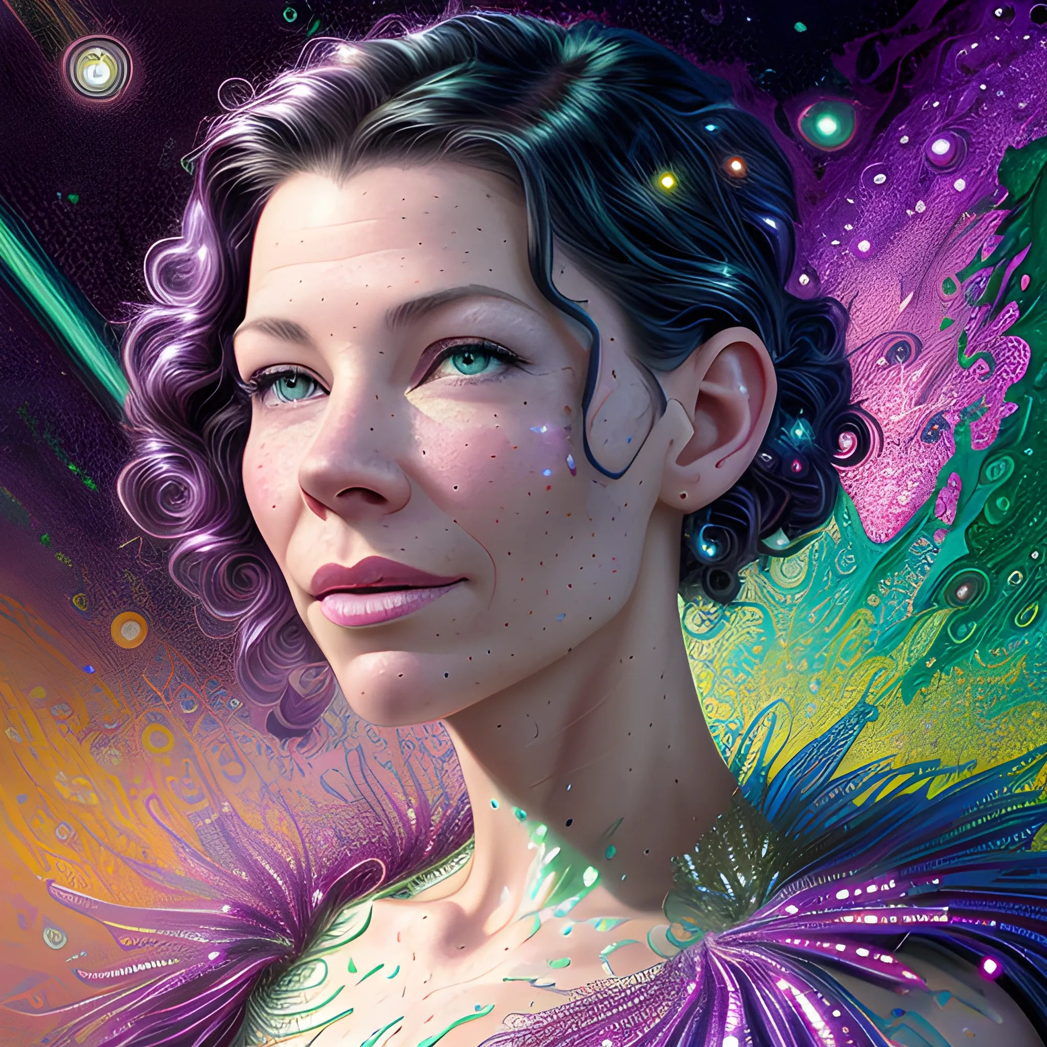 hyperdetailed oil on canvas, Evangeline Lilly, her striking green speckled eyes, her stunningly beautiful perfect, precisely detailed face, pink, purple, blue, luminous colorful sparkles, by James R. Eads, Gawki, rajewel, Tania Rivilis, Dan Mumford, glitter, airbrush, Octane Render, elegant, volumetric lighting