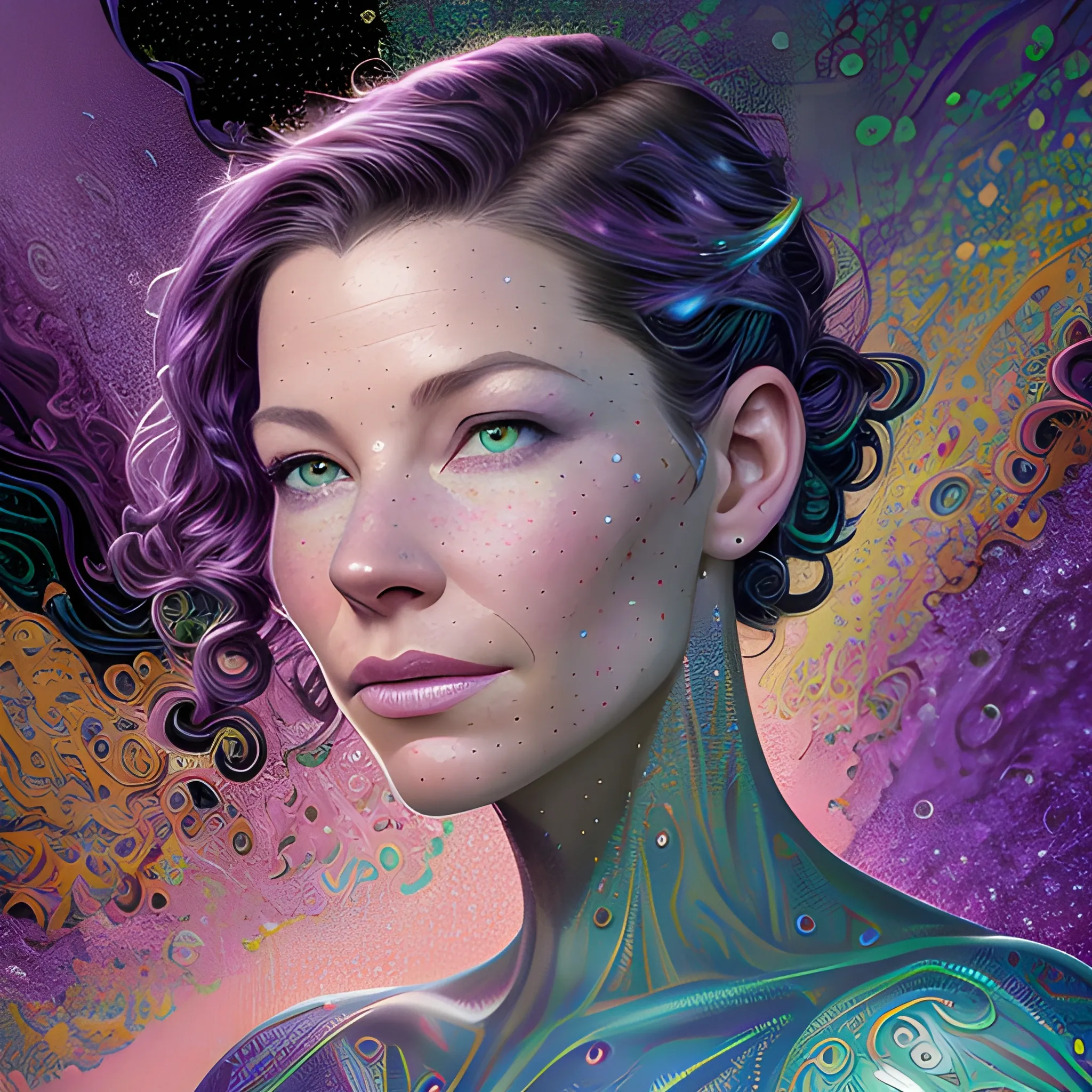 hyperdetailed oil on canvas, Evangeline Lilly, her striking green speckled eyes, her stunningly beautiful perfect, precisely detailed face, pink, purple, blue, luminous colorful sparkles, by James R. Eads, Gawki, rajewel, Tania Rivilis, Dan Mumford, glitter, airbrush, Octane Render, elegant, volumetric lighting