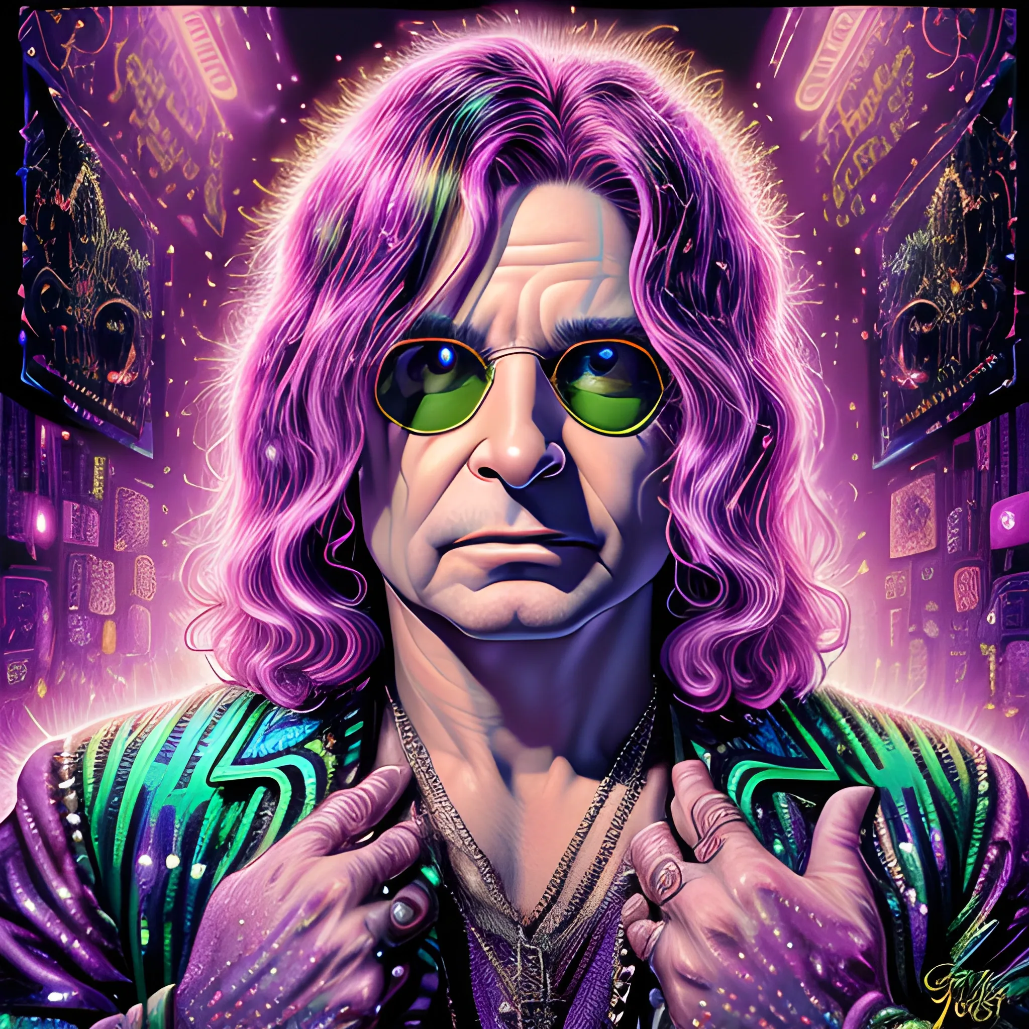 hyperdetailed oil on canvas, Ozzy Osbourne, his striking green eyes, his handsome perfect, precisely detailed face, pink, purple, blue, luminous colorful sparkles, by James R. Eads, Gawki, rajewel, Tania Rivilis, Dan Mumford, glitter, airbrush, Octane Render, elegant, volumetric lighting, 16k