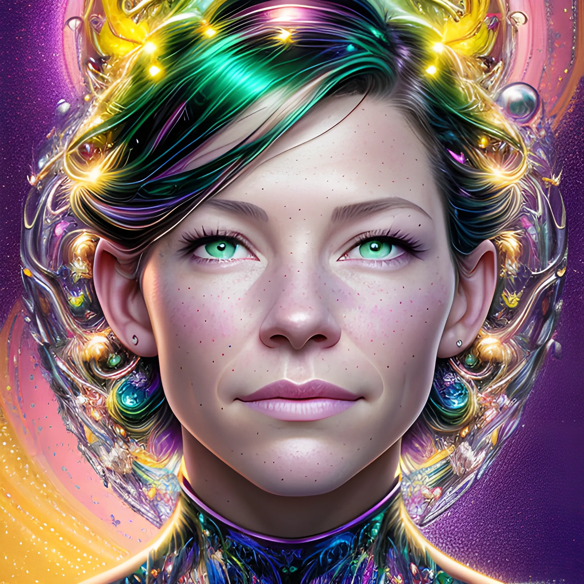 hyperdetailed oil on canvas, Evangeline Lilly, her striking green speckled eyes, her stunningly beautiful perfect, precisely detailed face, pink, purple, blue, luminous colorful sparkles, by James R. Eads, Gawki, rajewel, Tania Rivilis, Dan Mumford, glitter, airbrush, Octane Render, elegant, volumetric lighting