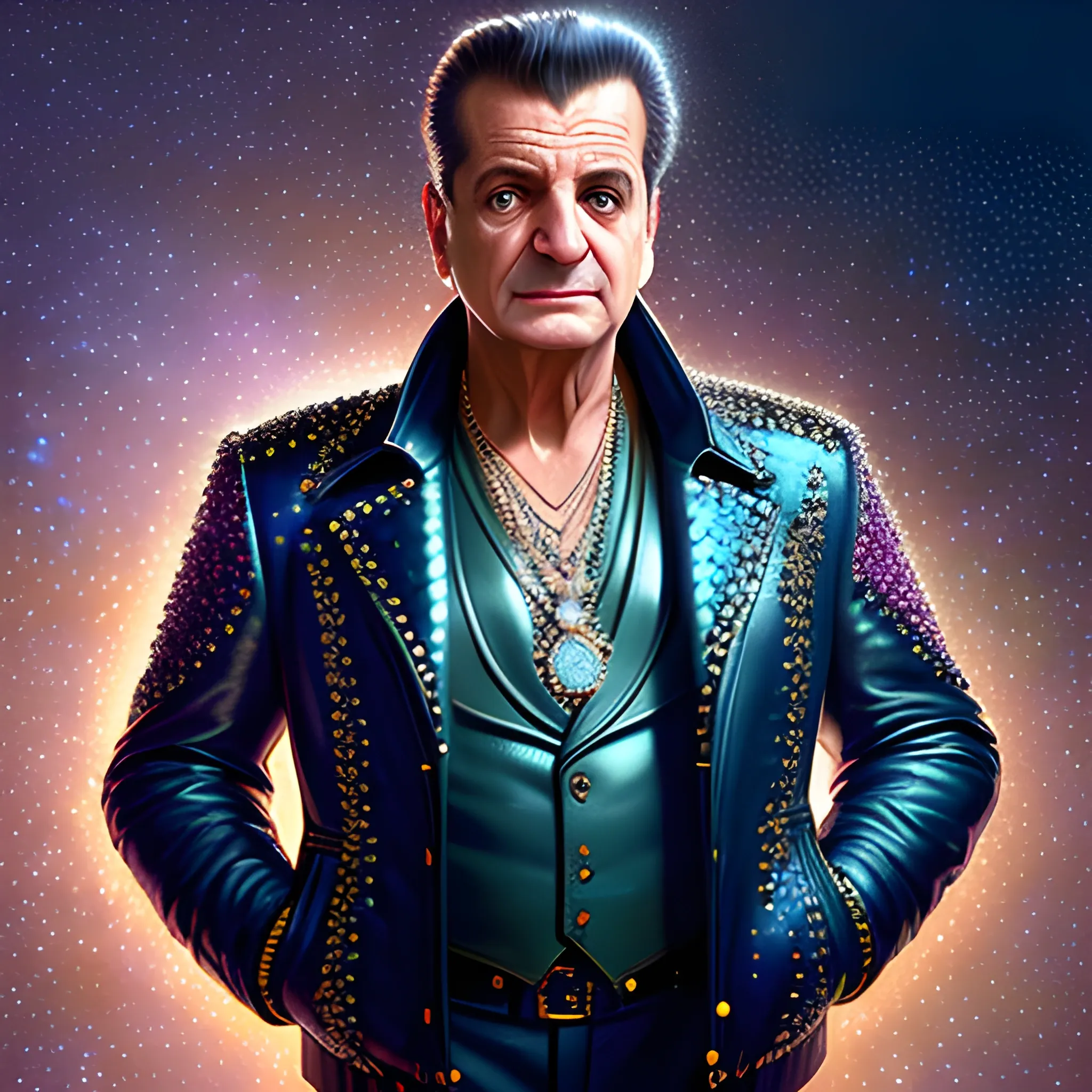 Joe Pesci, his highly detailed handsome face, meticulously detailed hair; leather jacket, smug, arrogant, close-up, luminous colorful sparkles, glitter, nebula sky; by Edwin Georgi, Sir Edward Poynter, ismaComics, rajewel, Xenia Hausner art; renaissance, depth of field, volumetric lighting, Unreal Engine, photorealistic