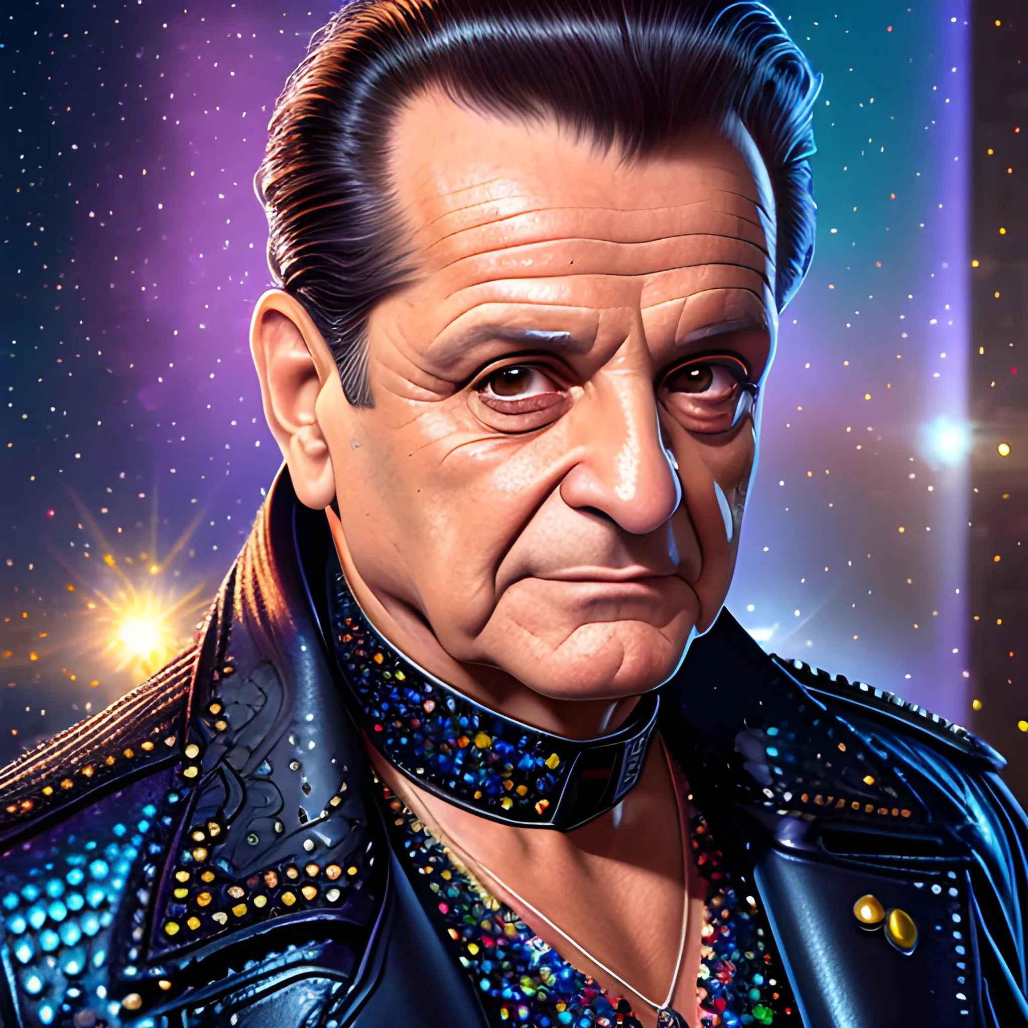 Joe Pesci, his highly detailed handsome face, meticulously detailed hair; leather jacket, smug, arrogant, close-up, luminous colorful sparkles, glitter, nebula sky; by Edwin Georgi, Sir Edward Poynter, ismaComics, rajewel, Xenia Hausner art; renaissance, depth of field, volumetric lighting, Unreal Engine, photorealistic