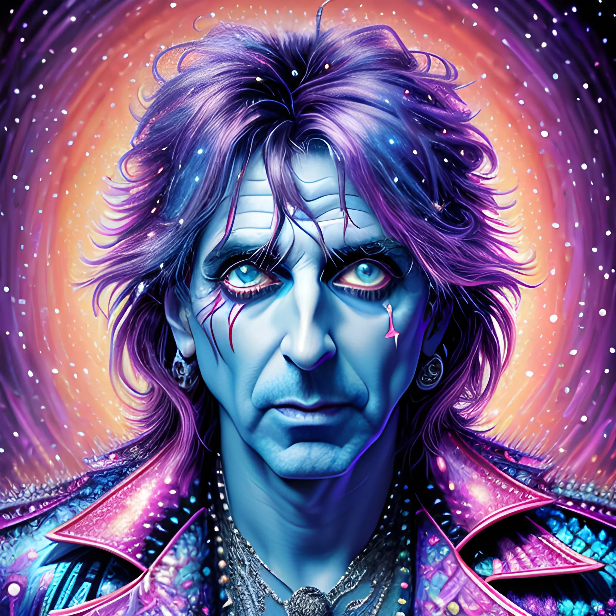 hyperdetailed oil on canvas, Alice Cooper, his striking blue eyes, his handsome perfect, precisely detailed face, pink, purple, blue, luminous colorful sparkles, by James R. Eads, Gawki, rajewel, Tania Rivilis, Dan Mumford, glitter, airbrush, Octane Render, elegant, volumetric lighting, 16k